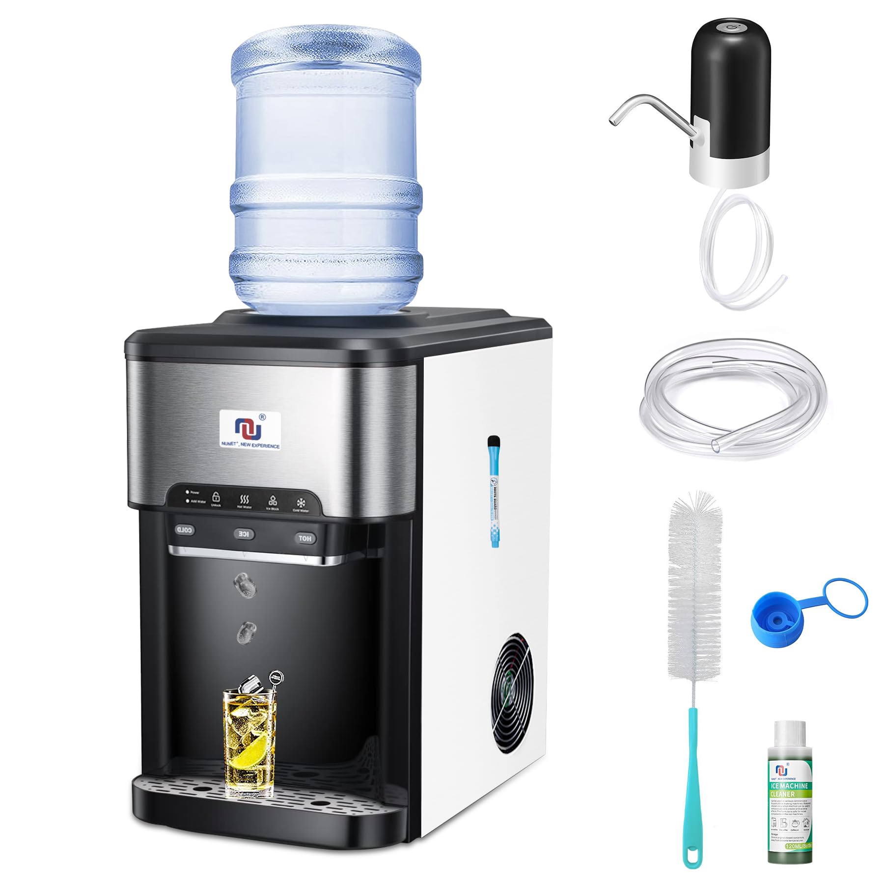 NUNET 3-in-1 Portable Countertop Ice Maker & Hot/Cold Water Dispenser - 44lbs Daily Ice Production, 5 Gallon Capacity, 4lb Ice Storage with Cleaning Kit & Water Pump - Perfect for Home, Office, RV, and Outdoor Use