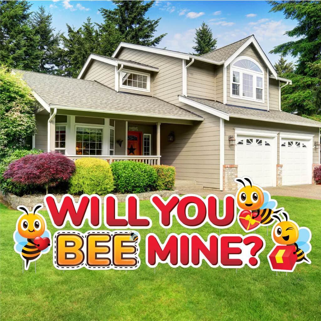 VictoryStore Valentine's Day Yard Decoration - 'Will You BEE Mine' 9-Piece Outdoor Sign Set with Stakes | Romantic Garden Decor for Couples & Home