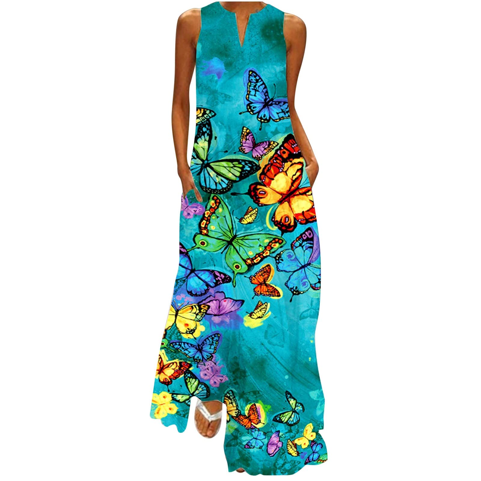 iZZZHH Women's Summer Casual V-Neck Floral Print Sleeveless Loose Maxi Dress - Perfect for Beach Vacations, Outdoor Parties & Summer Getaways