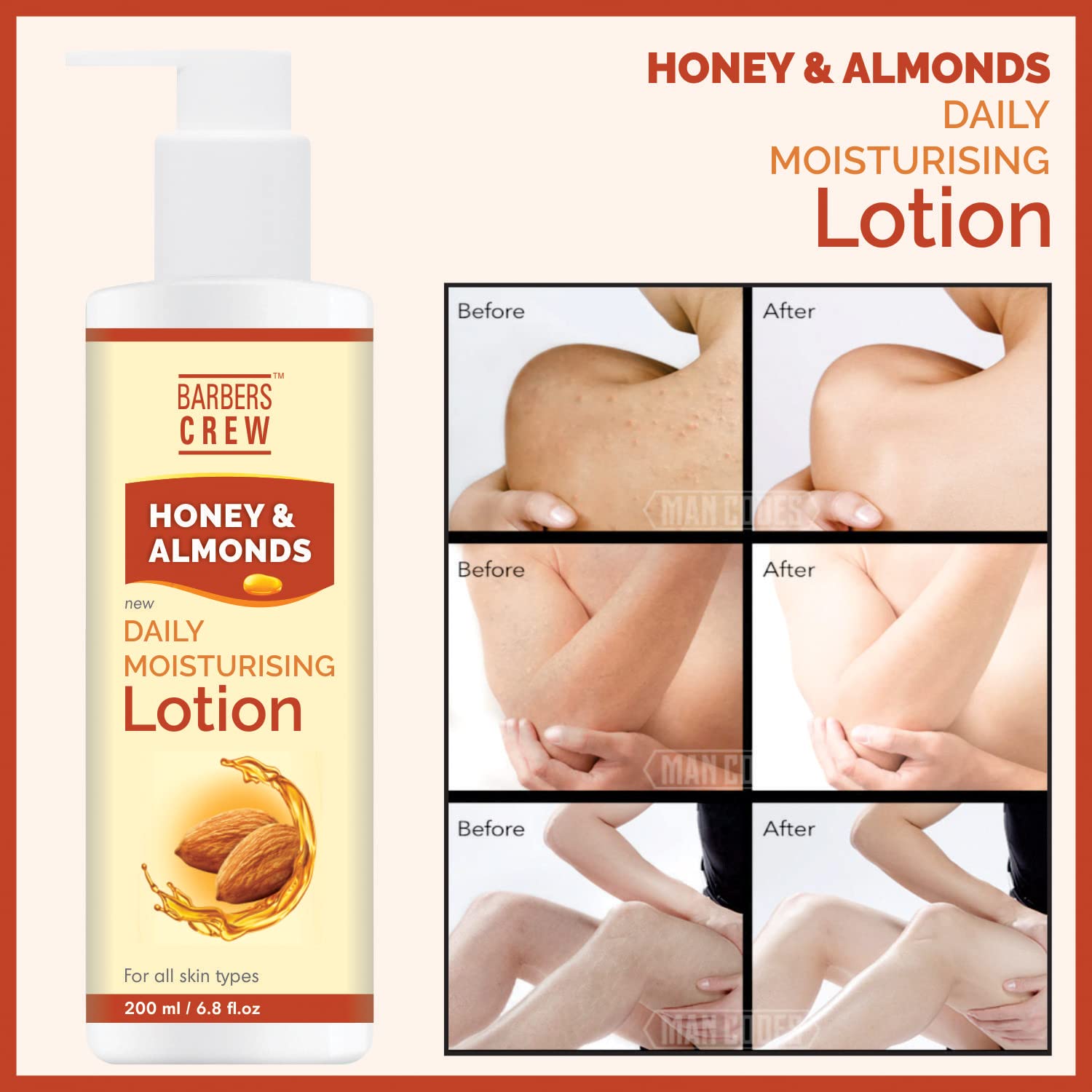 Barbers Crew Honey & Almond Body Lotion - 24 Hour Moisturizing, Non-Sticky, Deep Hydration - 200ml - Perfect for Dry Skin Care & Post-Shave Hydration