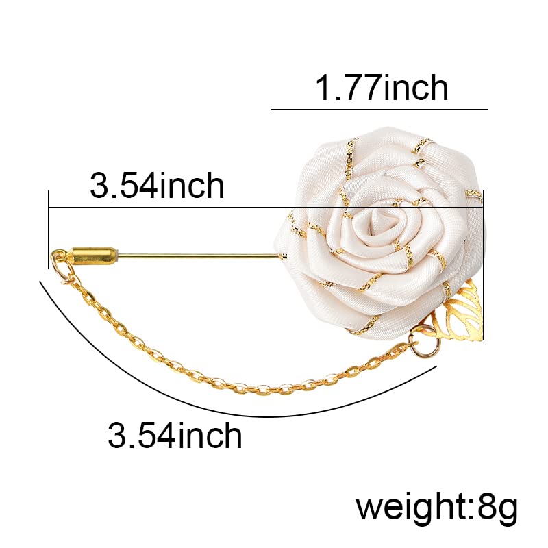 Gold Leaf Rose Flower Brooch Pin for Men's Suits - Elegant Lapel Pin for Wedding, Bridegroom & Formal Events - White Flower Tassel Chain Brooch for Suit Accessories