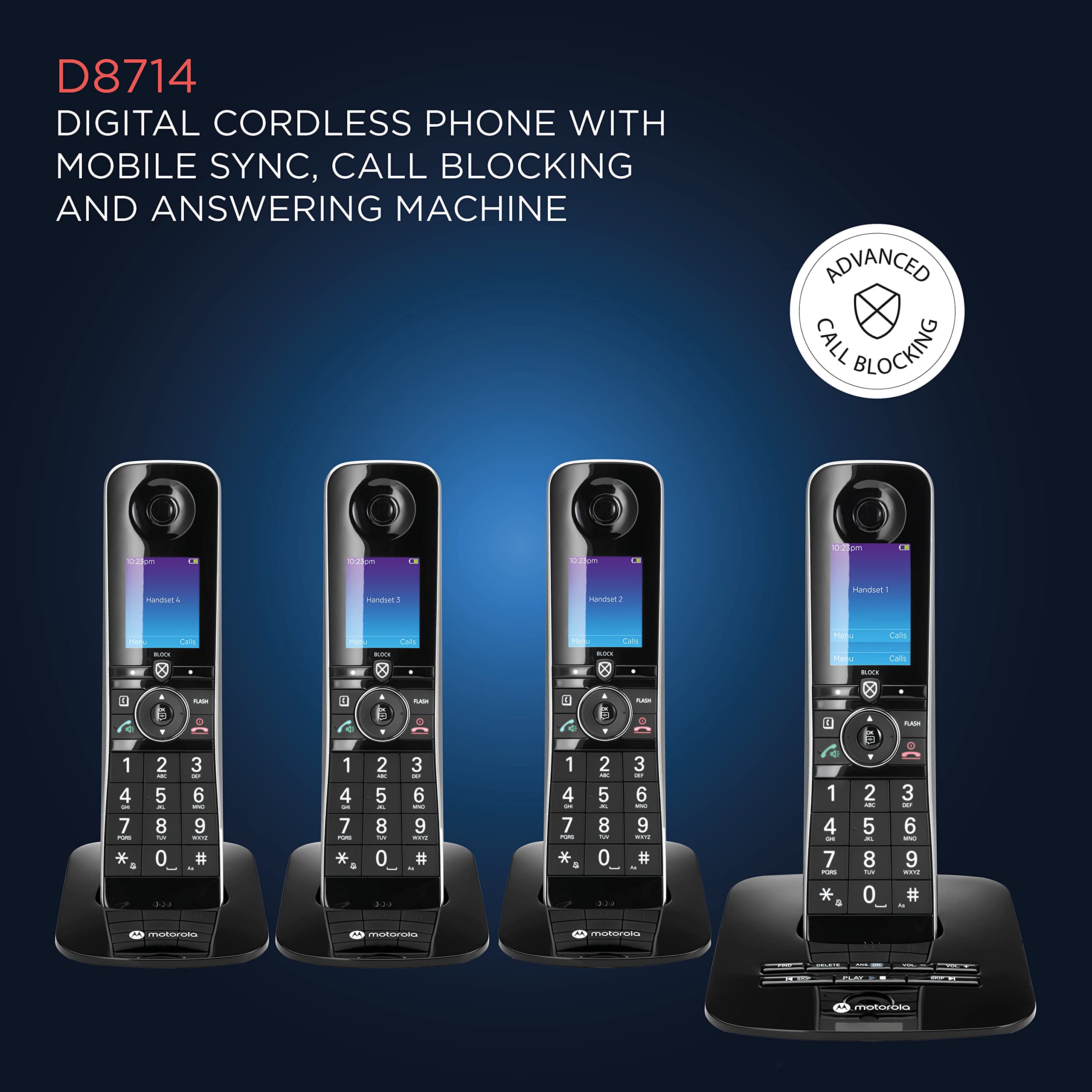 Motorola D8714 4-Handset Cordless Phone with Bluetooth, Digital Answering Machine & Call Blocking - Black | Home & Office Communication System