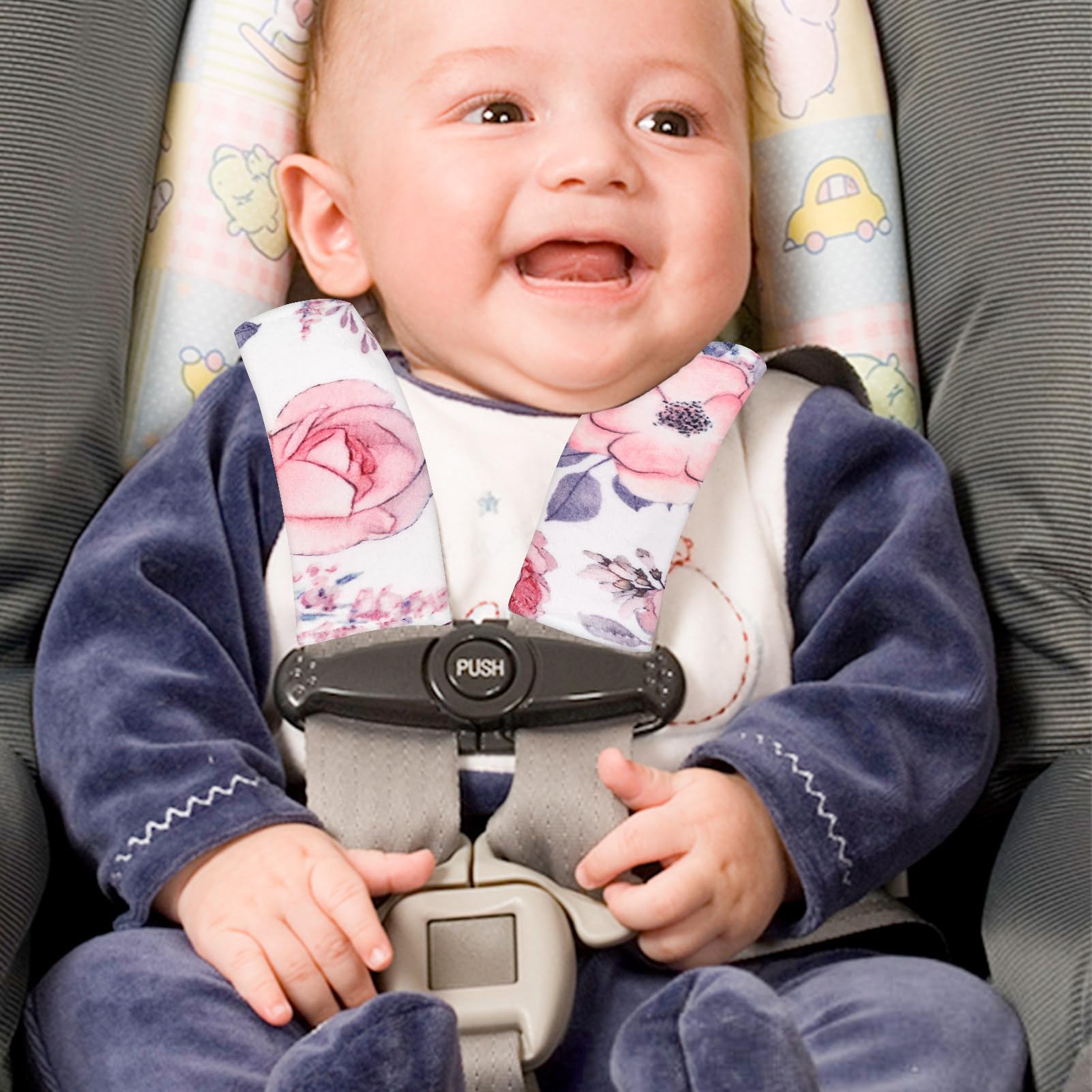 Soft Mink Car Seat Strap Covers for Babies - Pink Floral Shoulder Pads for Girls, Comfortable and Safe for Long Car Rides and Daily Commutes