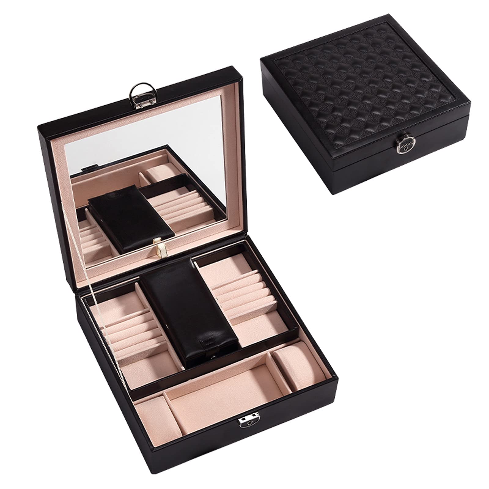 2-Tier PU Leather Jewelry Organizer Stand with Lock & Mirror - Large Capacity Pendant Storage Case for Necklaces, Rings & Earrings - Perfect for Women's Jewelry Display & Travel Organization (Black)