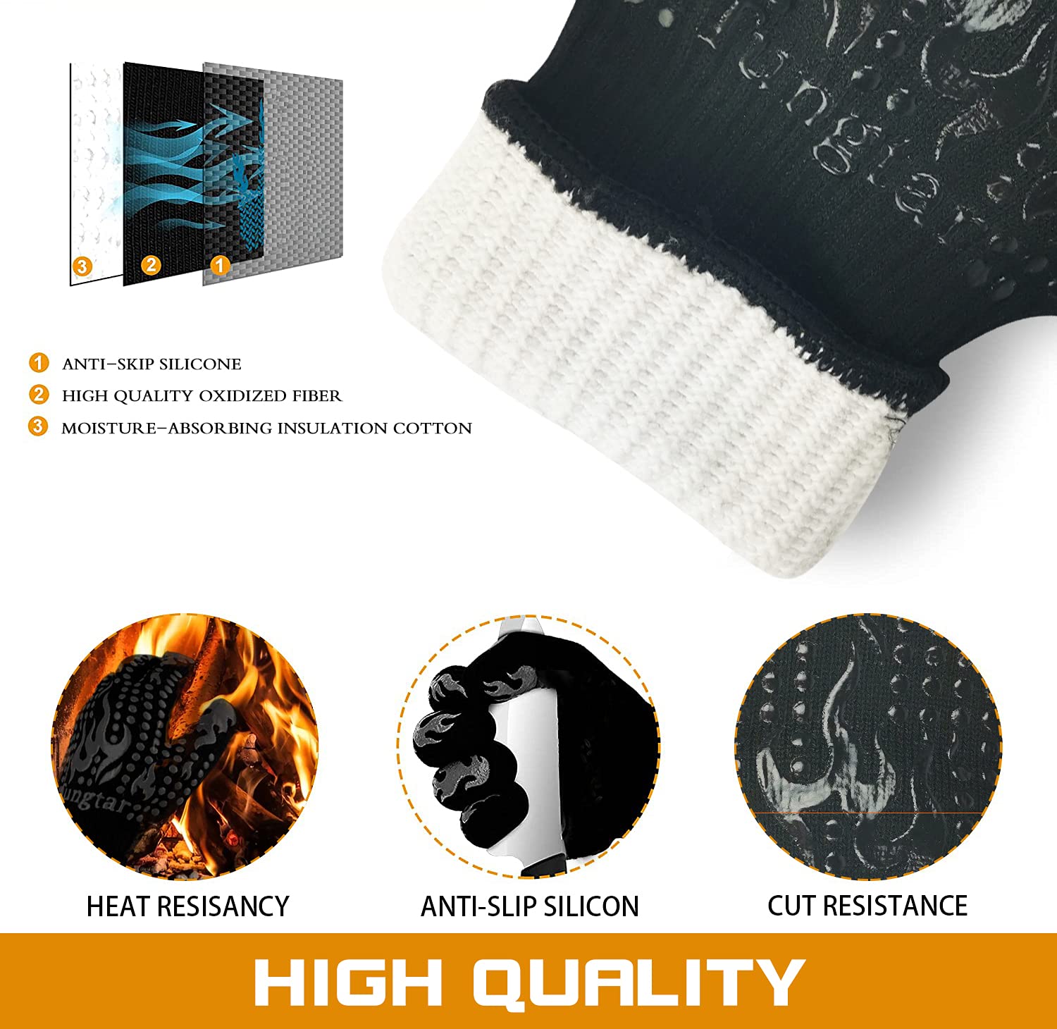 Heat Resistant Oven Gloves with Fingers - 1472℉ BBQ & Grill Mitts, 14