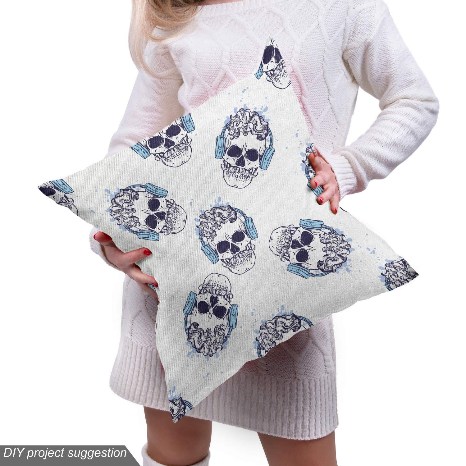 Ambesonne Hipster Fabric by The Yard - Outline Skull with Headphones Print, Indigo Sky Decorative Cotton Fabric for Upholstery, DIY Crafts, Home Decor (10 Yards) | Perfect for Pillow Covers, Curtains & Bohemian Style Home Accents