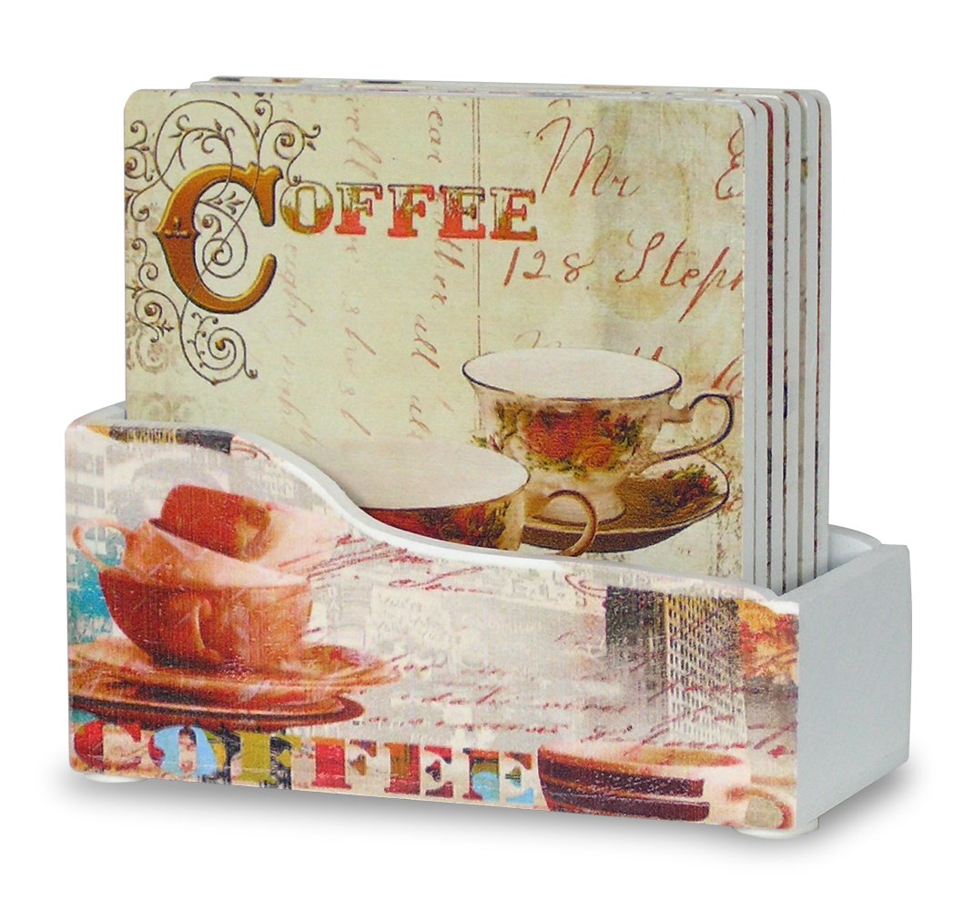 Vintage Coffee Coasters Set of 6 with Holder - Absorbent Drink Coasters for Hot & Cold Beverages - Coffee Themed Home Decor - Perfect for Kitchen, Office, or Coffee Shop Use