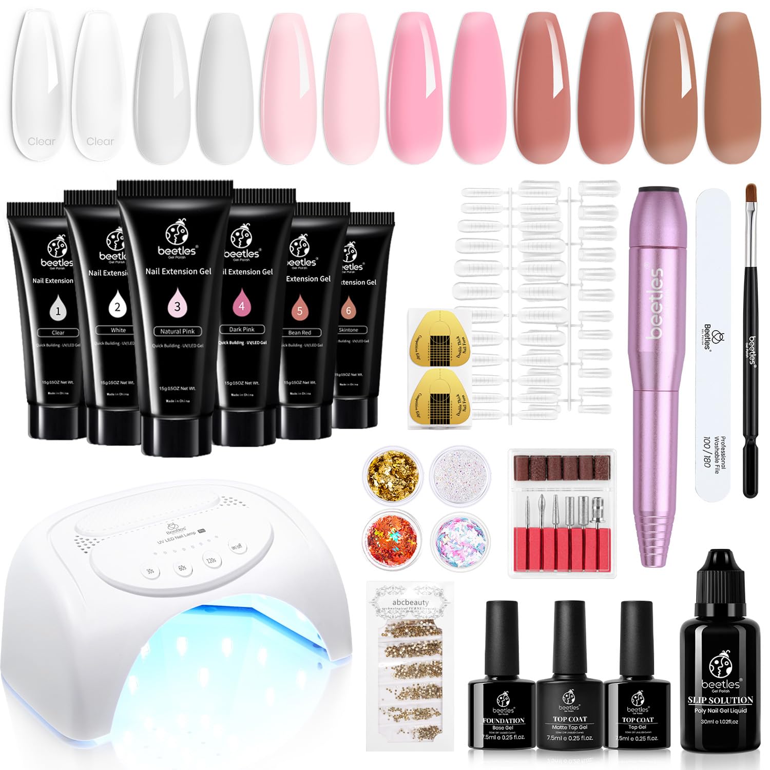 Beetles 6PCS Poly Nail Gel Kit with Nail Drill - French Manicure & Nail Extension for Professionals