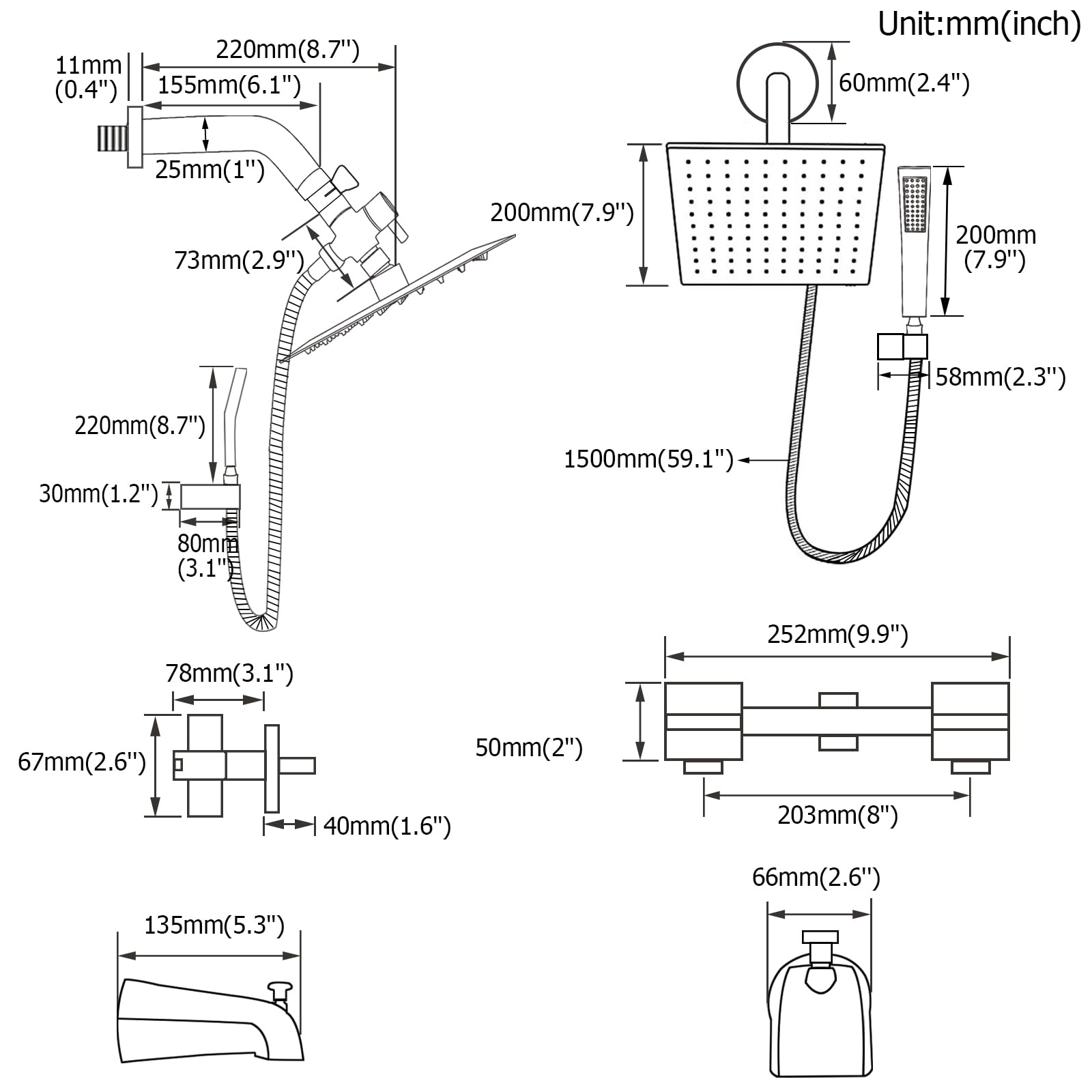 2 Handle Matte Black Shower Faucet Set with Tub Spout - Complete Bathtub Shower System Kit - Durable Brass Construction for Bathroom Remodeling & Home Upgrade