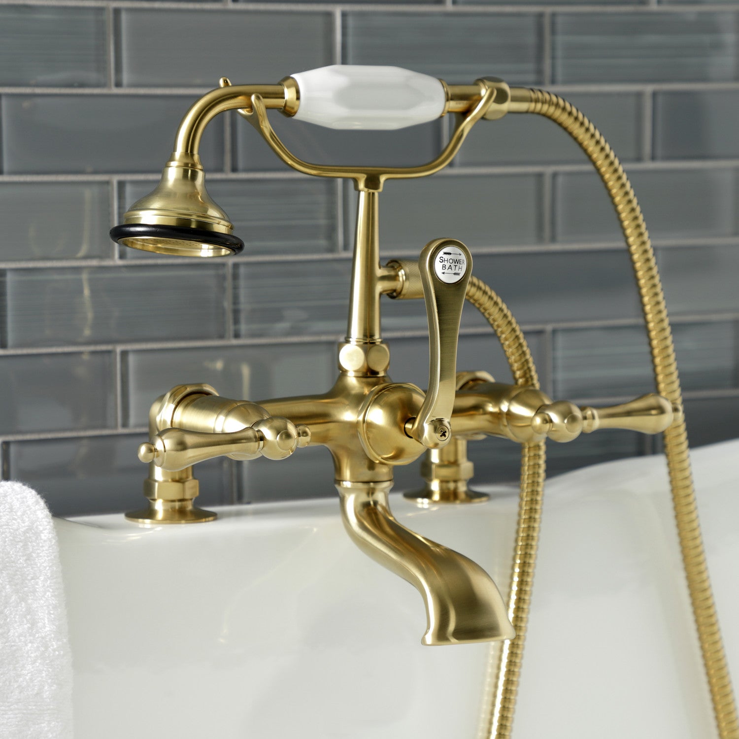 Vintage Clawfoot Tub Faucet with Hand Shower - Brushed Brass 3-Handle 2-Hole Deck Mount Bathroom Fixture for Classic & Modern Bathrooms | Perfect for Freestanding Tubs, Luxury Bathrooms & Spa Retreats