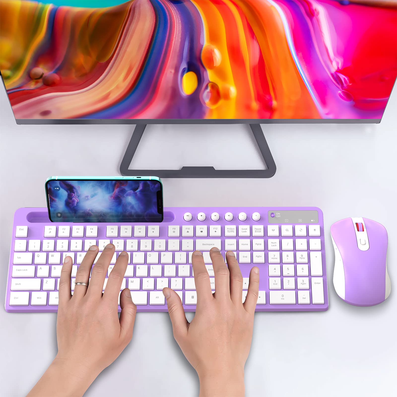 MARVO 2.4G Wireless Keyboard and Mouse Combo - Ergonomic Design with Silent 6-Button Mouse & Phone/Tablet Holder - Compatible with MacBook & Windows (Purple) - Perfect for Home Office, Gaming & Remote Work