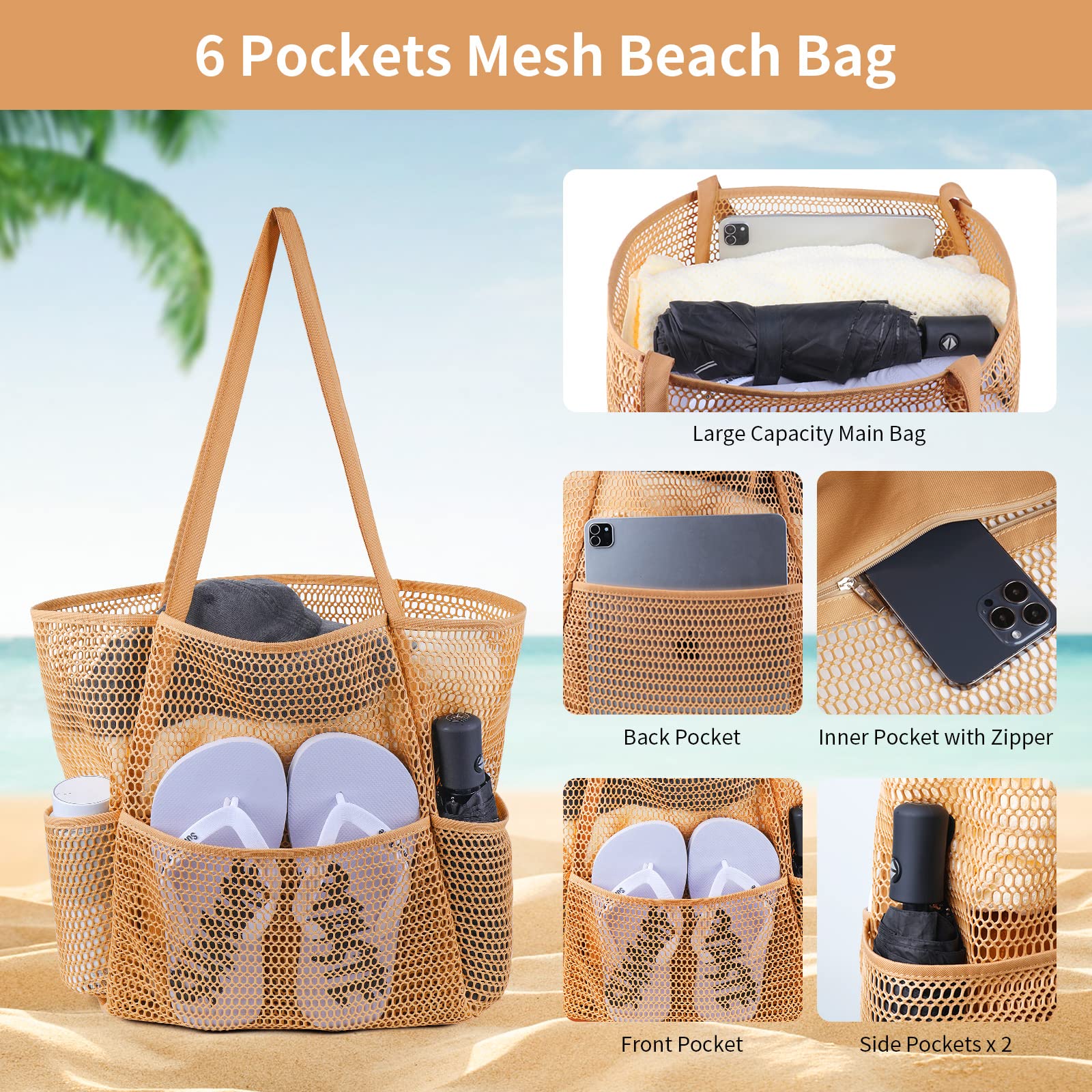 VADOO Large Mesh Beach Tote Bag for Women - Waterproof Shoulder Handbag for Swimming, Vacation, Picnic, Pool & Beach Day Essentials - Perfect for Summer Travel, Gym & Outdoor Activities