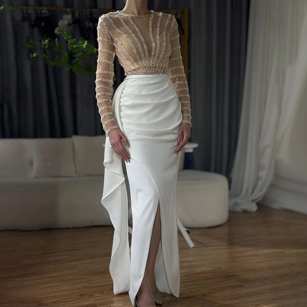 Elegant White Long Sleeve Mermaid Evening Dress with Beaded Detail - Split Hem Formal Gown for Women's Party & Special Occasions - Serene Hill LA71531 | Perfect for Weddings, Galas & Red Carpet Events