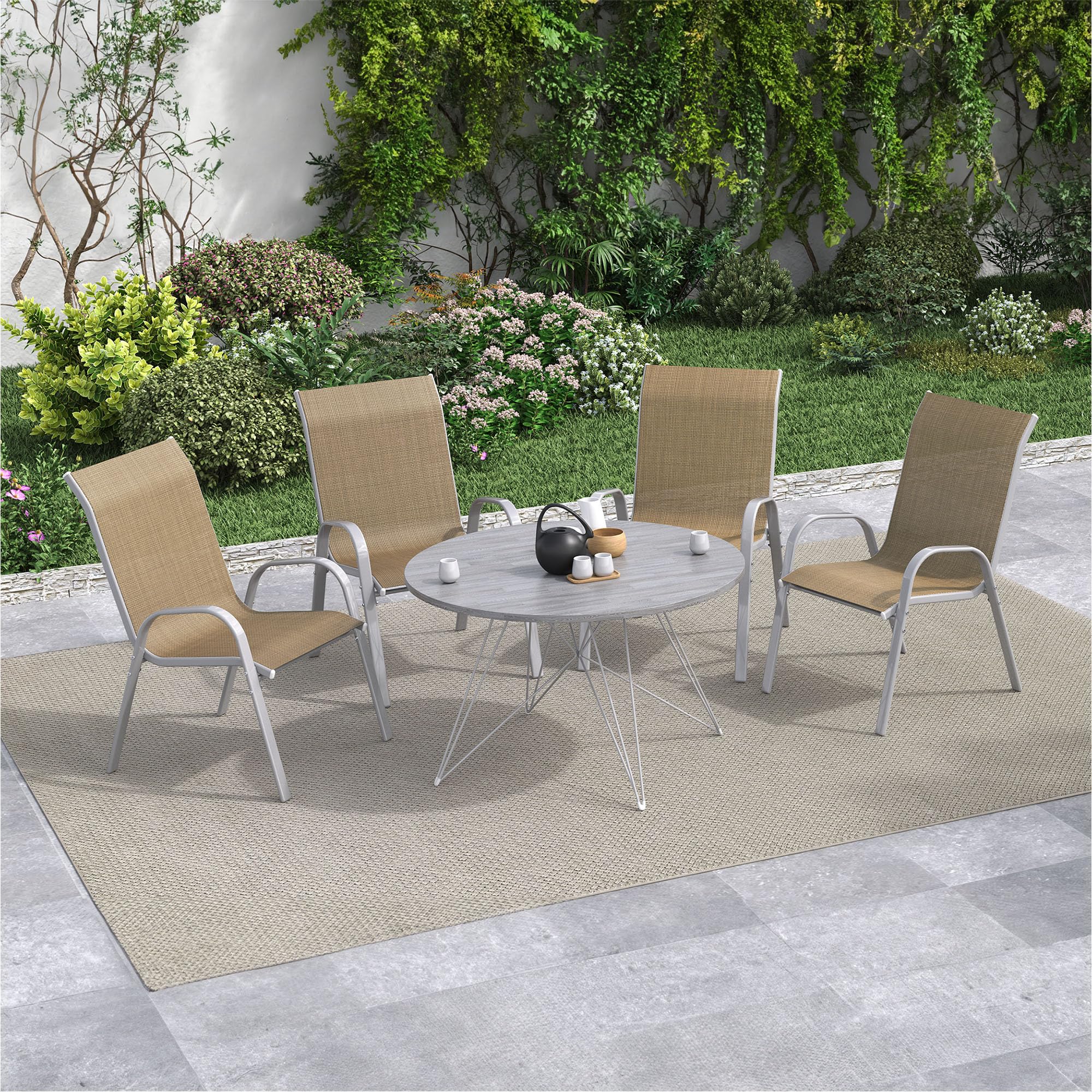 Amopatio 4-Piece Stackable Patio Chairs Set - Weather-Resistant Outdoor Dining Chairs for Garden, Backyard & Deck - Silver Beige All-Weather Furniture for Entertaining & Relaxation