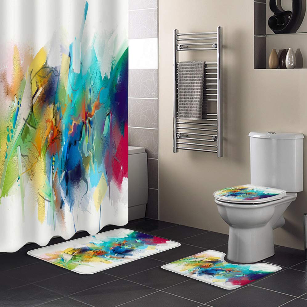 Colorful Splash Art 4-Piece Bathroom Set - Non-Slip Shower Curtain, Toilet Lid Cover & Waterproof Bath Mat for Modern Home Decor | Perfect for Bathroom Renovation & Guest Room Upgrade