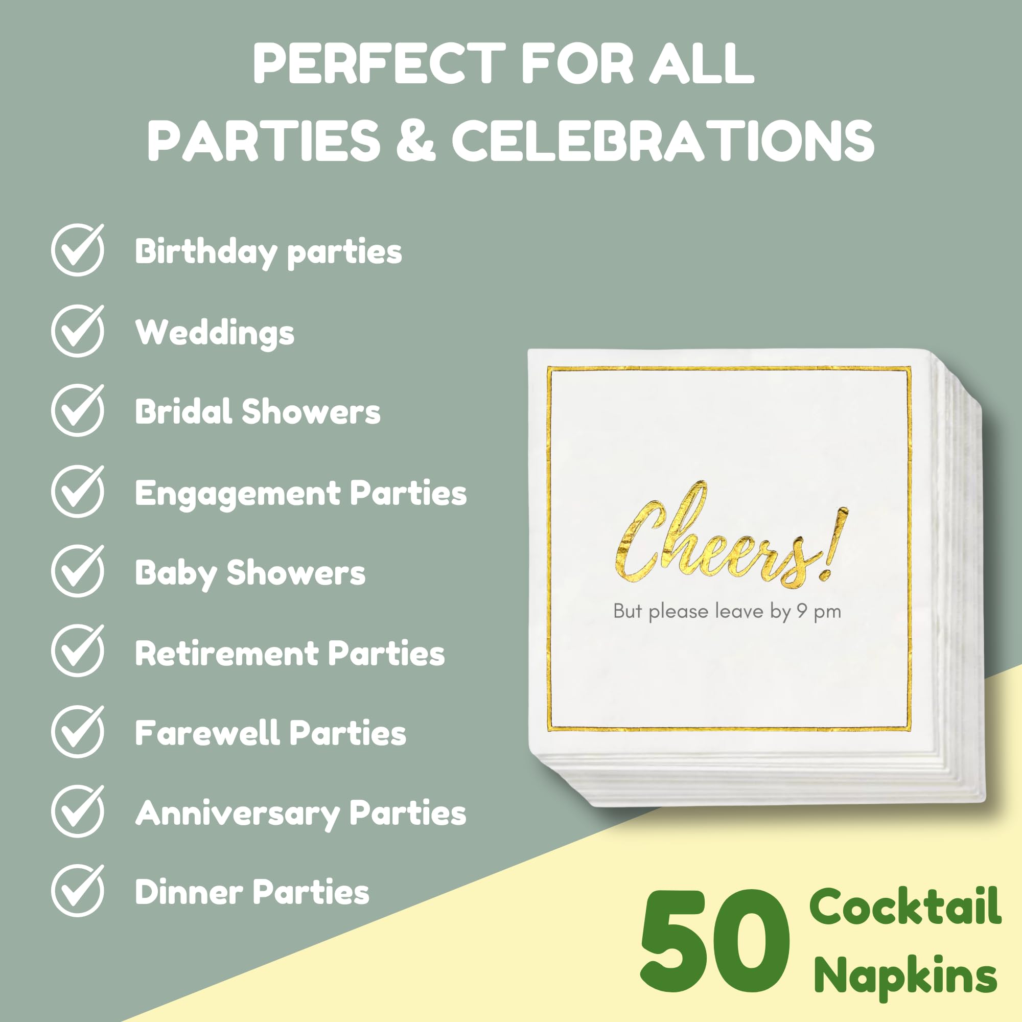 Funny Disposable Cocktail Napkins 50-Pack - 'Please Leave By 9' Cheers Napkins for Weddings, Parties, Birthdays & Holidays - Perfect for Bar Decor, Bridal Showers & Cocktail Receptions