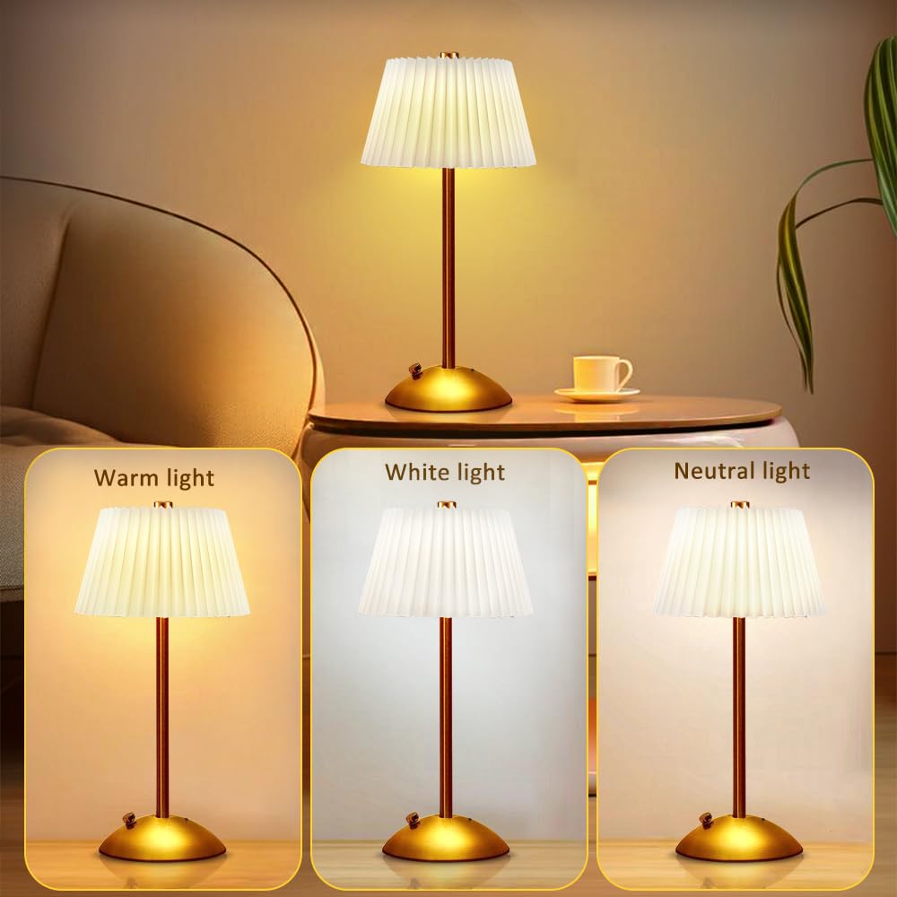 Touch Sensor LED Desk Lamp - 3-Way Dimmable Cordless Metal Table Lamp with Fabric Shade for Home Office, Bedroom, Living Room & Dorm | Perfect for Reading, Working & Nightstand Lighting (White)