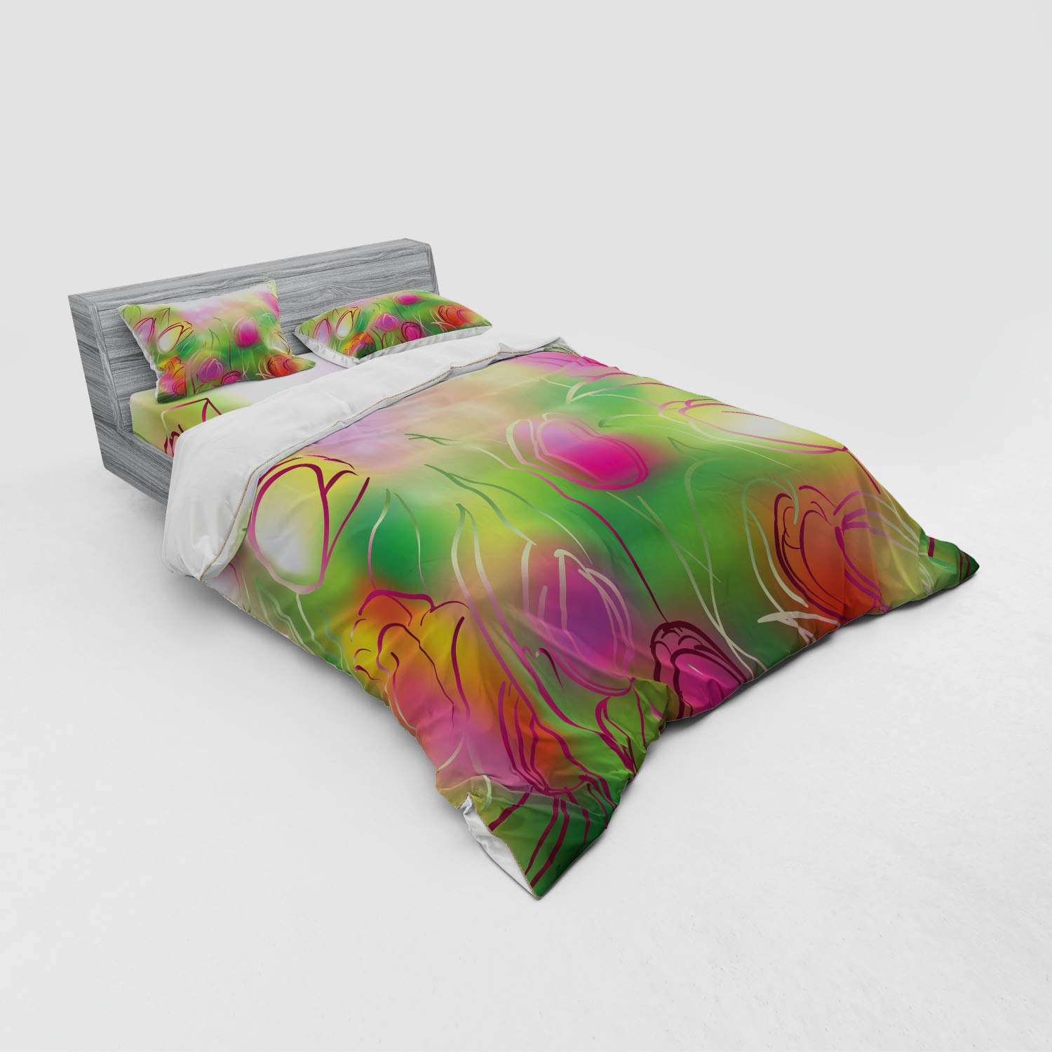 Ambesonne Floral Duvet Cover Set - Modern Tulip Silhouette Design on Dreamy Background, 4-Piece Queen Size Bedding Set with Shams & Fitted Sheet in Pink & Green | Perfect for Urban Home Decor, Guest Room Makeover & Cozy Bedroom Upgrade