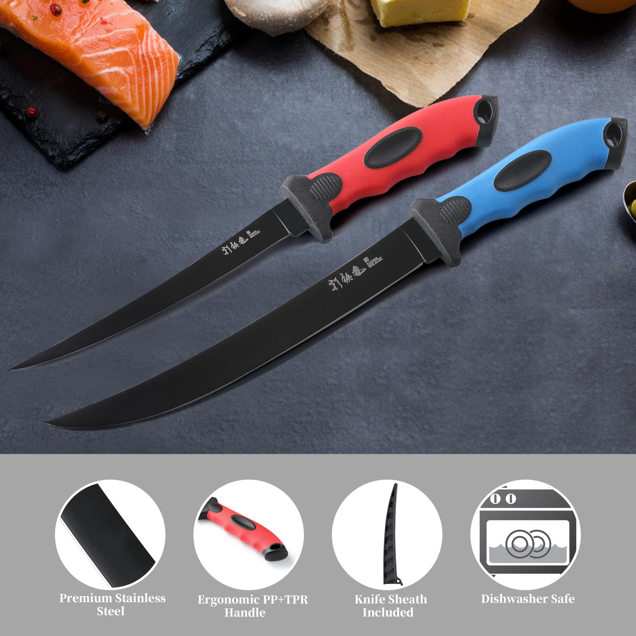 2PCS Professional Fillet Knife Set - 9 inch & 7 inch Stainless Steel Fish Fillet Knives for Meat Cutting, Trimming & Fishing | Sharp Boning Knives with Sheath Included | Perfect for Camping, Fishing Trips & Home Kitchen Use