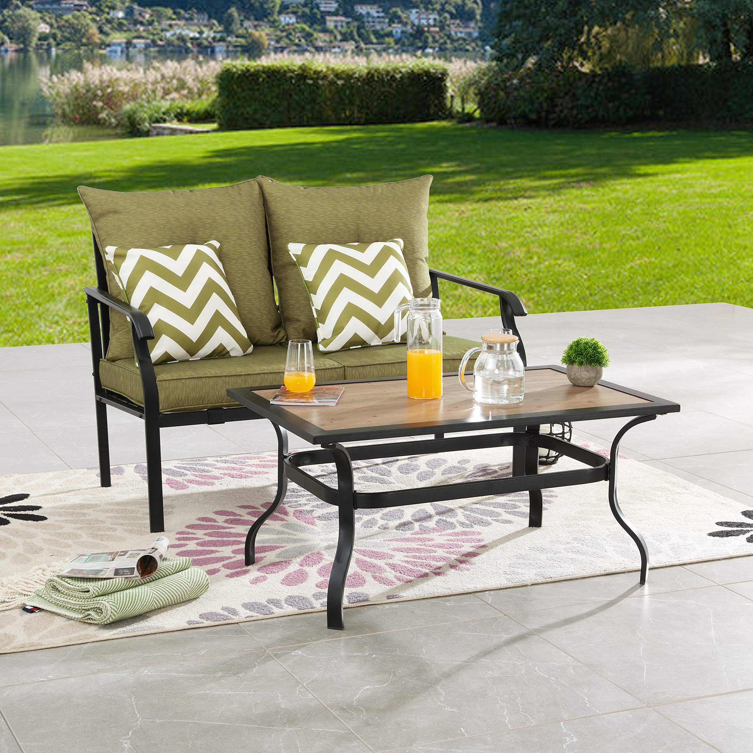 LOKATSE HOME 2-Piece Outdoor Loveseat Set with Cushions & Coffee Table - Patio Bistro Metal Bench Conversation Furniture for Garden, Backyard, Deck (Green) | Perfect for Relaxing, Entertaining Guests & Outdoor Dining