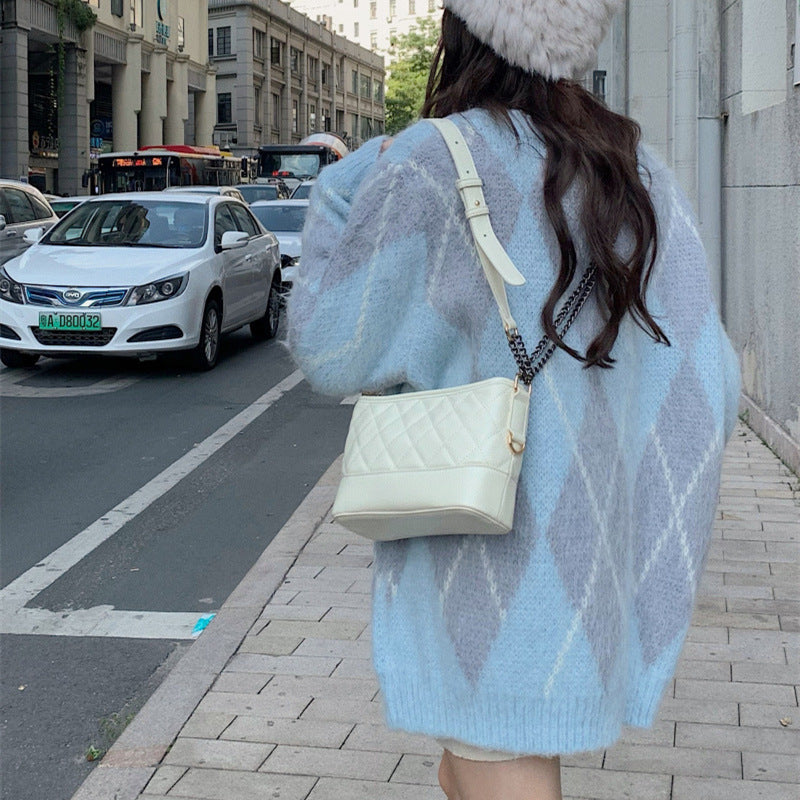 Elegant Diamond V-Neck Sweater Jacket for Women - Loose Fit Long Sleeve Knit Cardigan for Spring & Fall | Perfect for Office Wear, Casual Outings and Layering