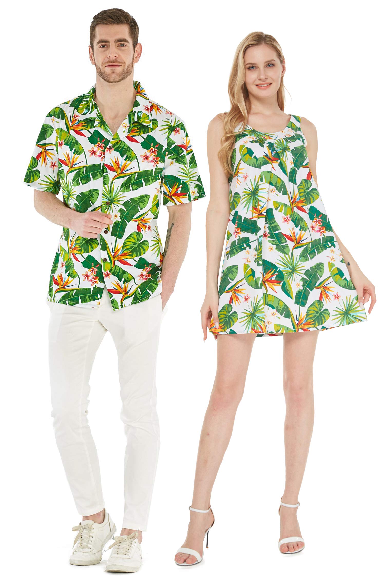 Hawaiian Couple Matching Aloha Shirt & Round Neck Dress Set - Tropical Orchid Paradise Navy Blue for Beach Vacation, Luau Party & Summer Date Outfits