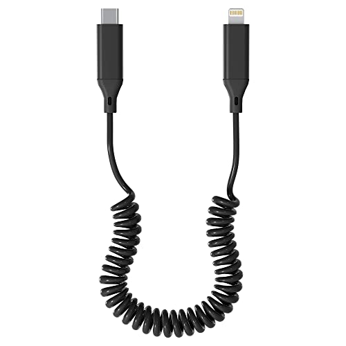 MFi Certified Coiled USB-C to Lightning Cable for iPhone, iPad & iPod - Fast Charging & Data Sync - Retractable Short Cable for Apple CarPlay & On-the-Go Use