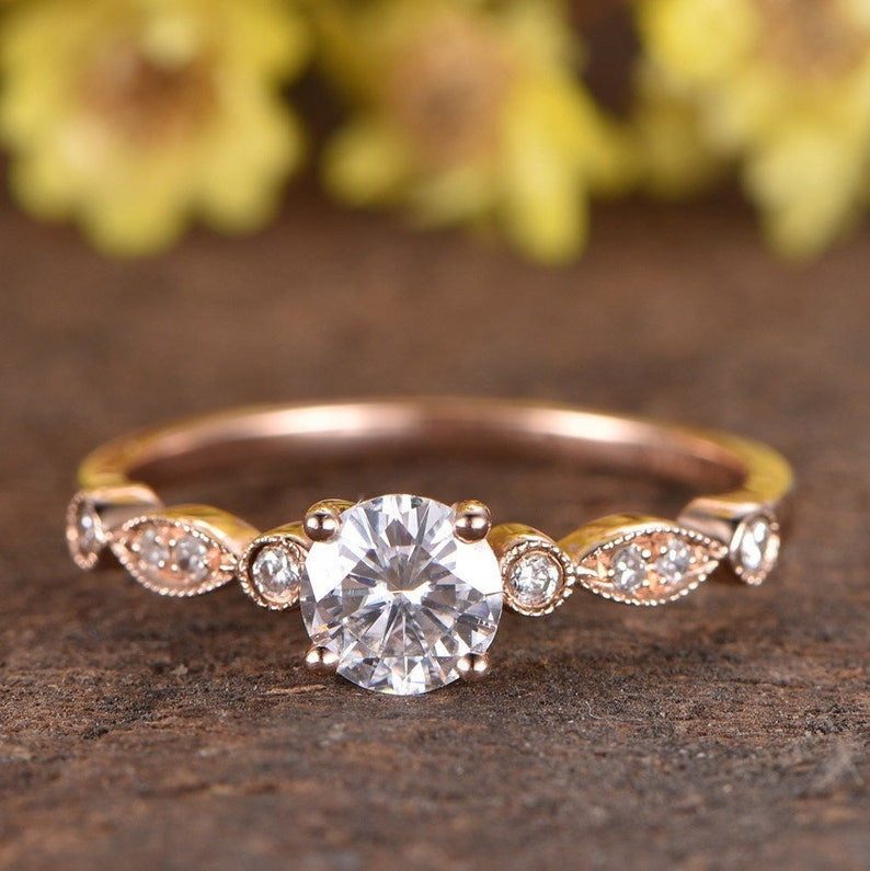 5mm Round Moissanite Marquise Diamond Engagement Ring - 14k/18k Rose Gold Wedding Band for Women - Classic 4 Prong Setting, Perfect for Proposals, Anniversaries & Bridal Jewelry