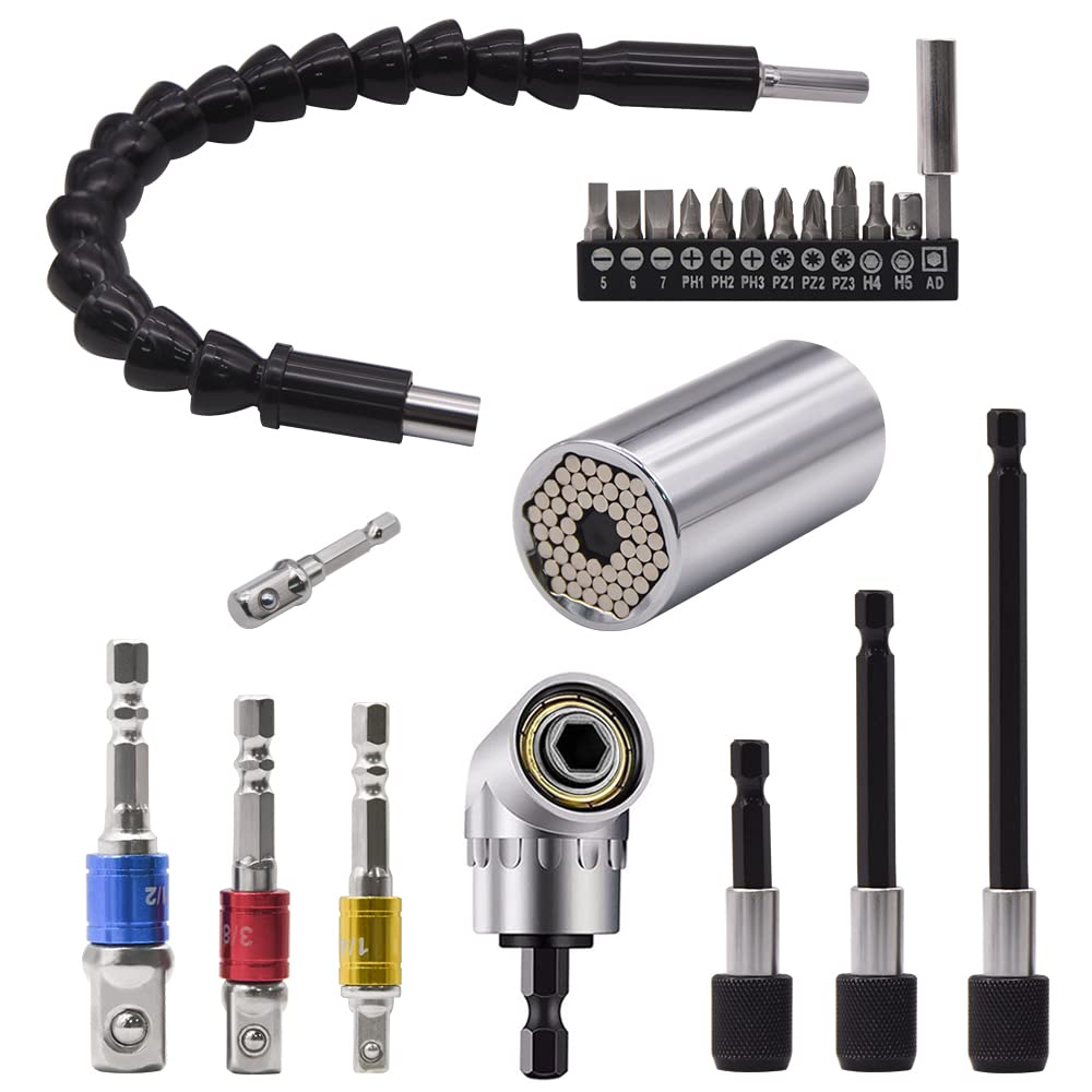 Flexible Drill Bit Extension Set & Universal Socket Adapter Kit - 3pc Bendable Drill Bit Holder, 1/4