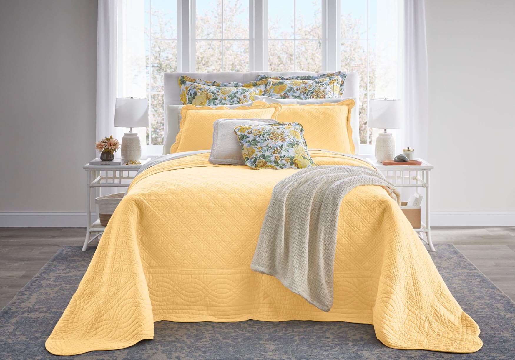 BrylaneHome Lightweight All-Season Florence Quilted Oversized 100% Cotton Ultra Soft Bedspread - Queen Size, Ecru | Perfect for Year-Round Comfort in Bedrooms & Guest Rooms