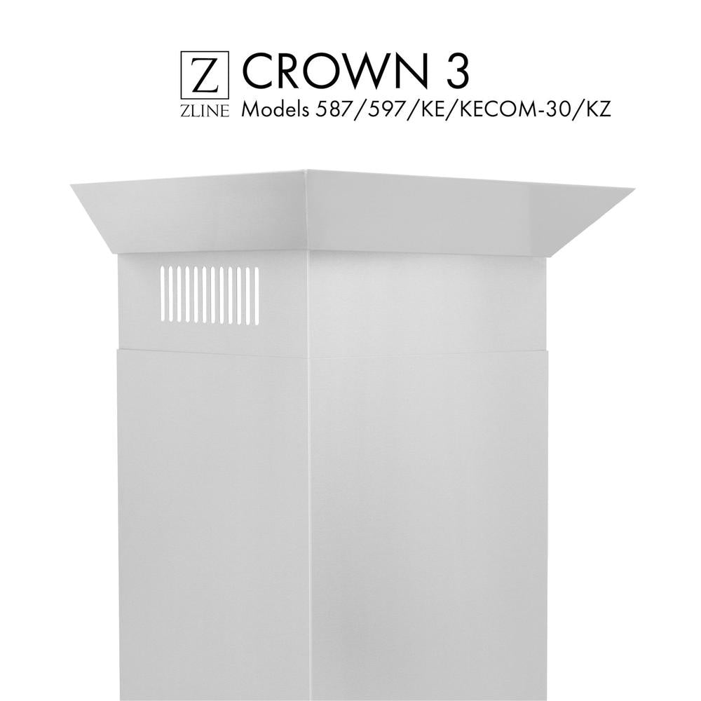ZLINE CM3 Crown Molding Wall Range Hood - 30 Inch Stainless Steel Kitchen Vent Hood with Chimney Cover (Model 587/597/KE/KECOM 30/KZ) - Perfect for Modern Farmhouse & Contemporary Kitchen Designs