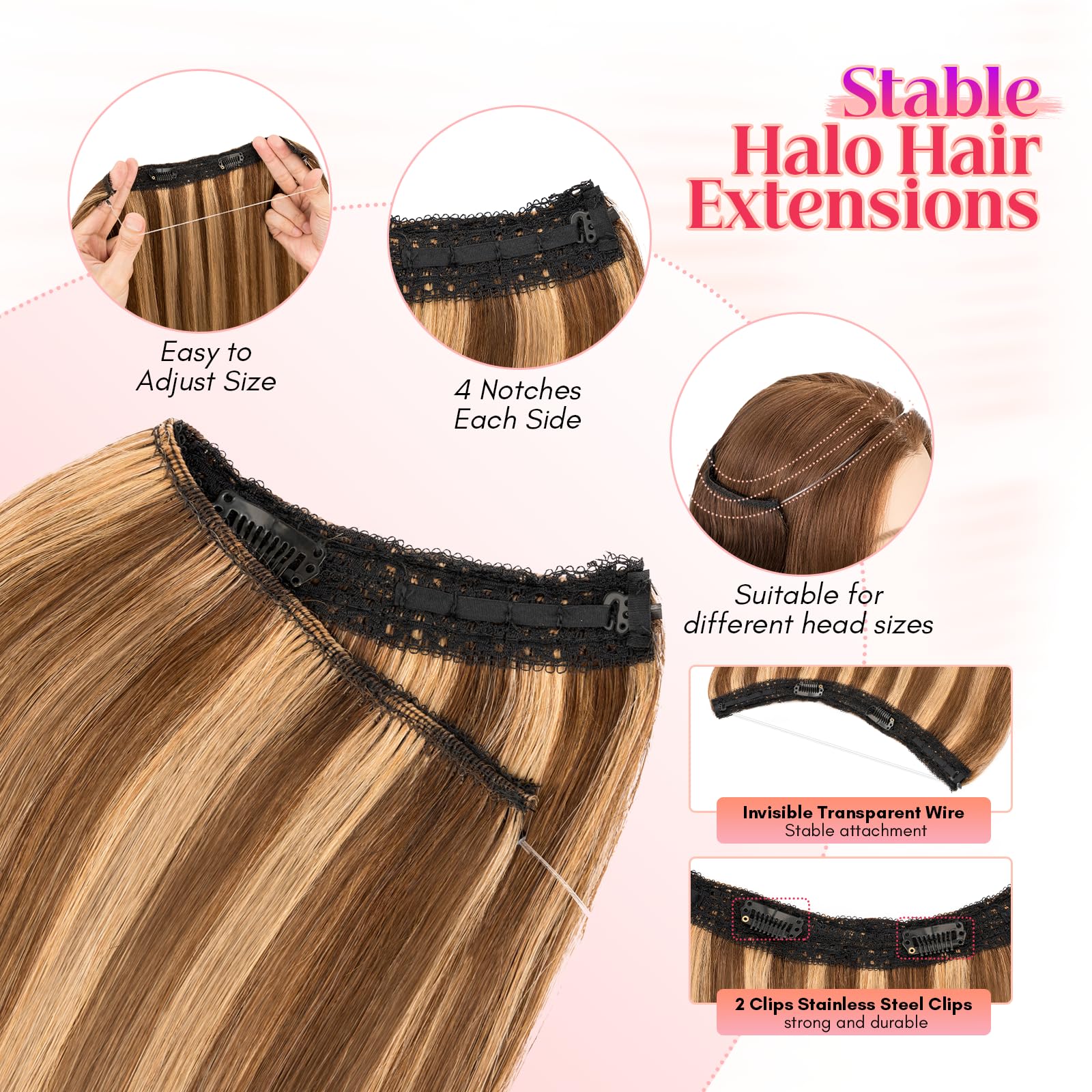 Rich Choices 20 Inch Halo Hair Extensions - 100% Real Human Remy Hair, Invisible Wire, Medium Brown with Dark Blonde Highlights for Women | Perfect for Weddings, Parties & Daily Styling