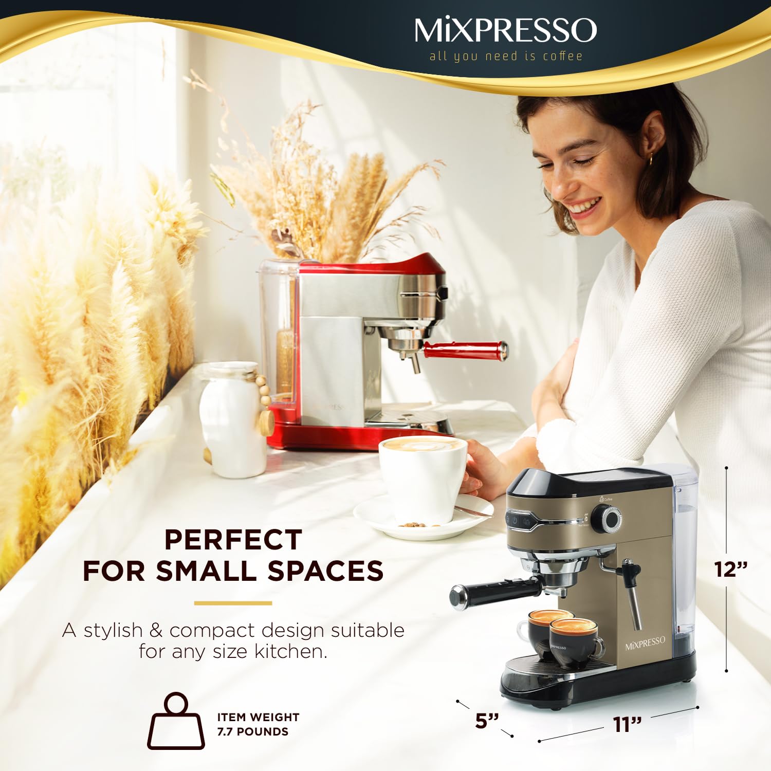 Mixpresso Professional 15 Bar Espresso Machine with Milk Frother - Fast Heating 1450W, 37Oz Water Tank - Perfect for Home Baristas, Cappuccino & Latte Maker - Ideal for Morning Coffee, Entertaining Guests & Coffee Shops