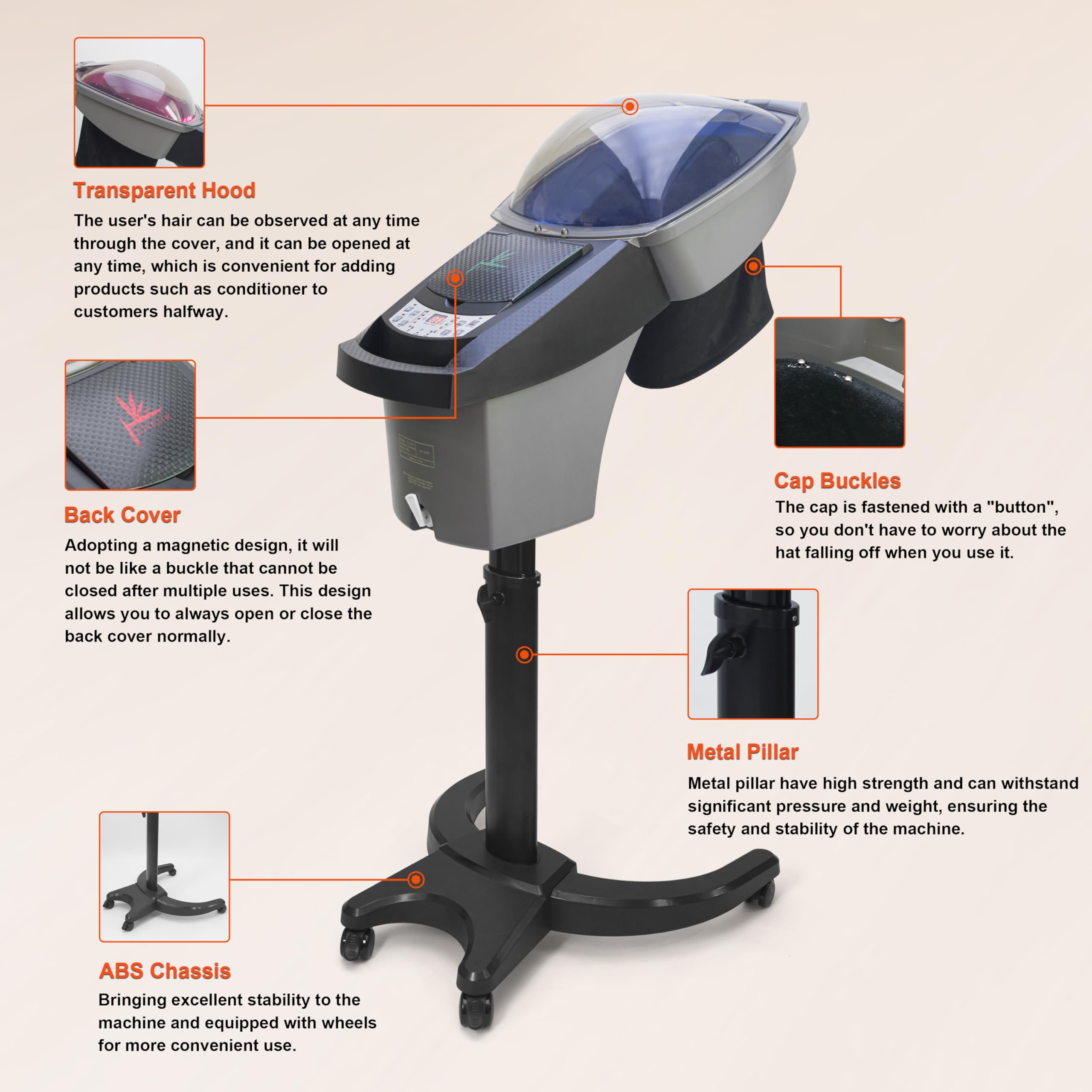 Professional Salon Hair Steamer with O3 Ozone & Red/Blue Light Therapy - Scalp Treatment for Perm, Dye & Black Hair Care - Portable Hooded SPA with Wheels (Model ET1408B) - Perfect for Home Salon, Barber Shop & Hair Treatment Clinics
