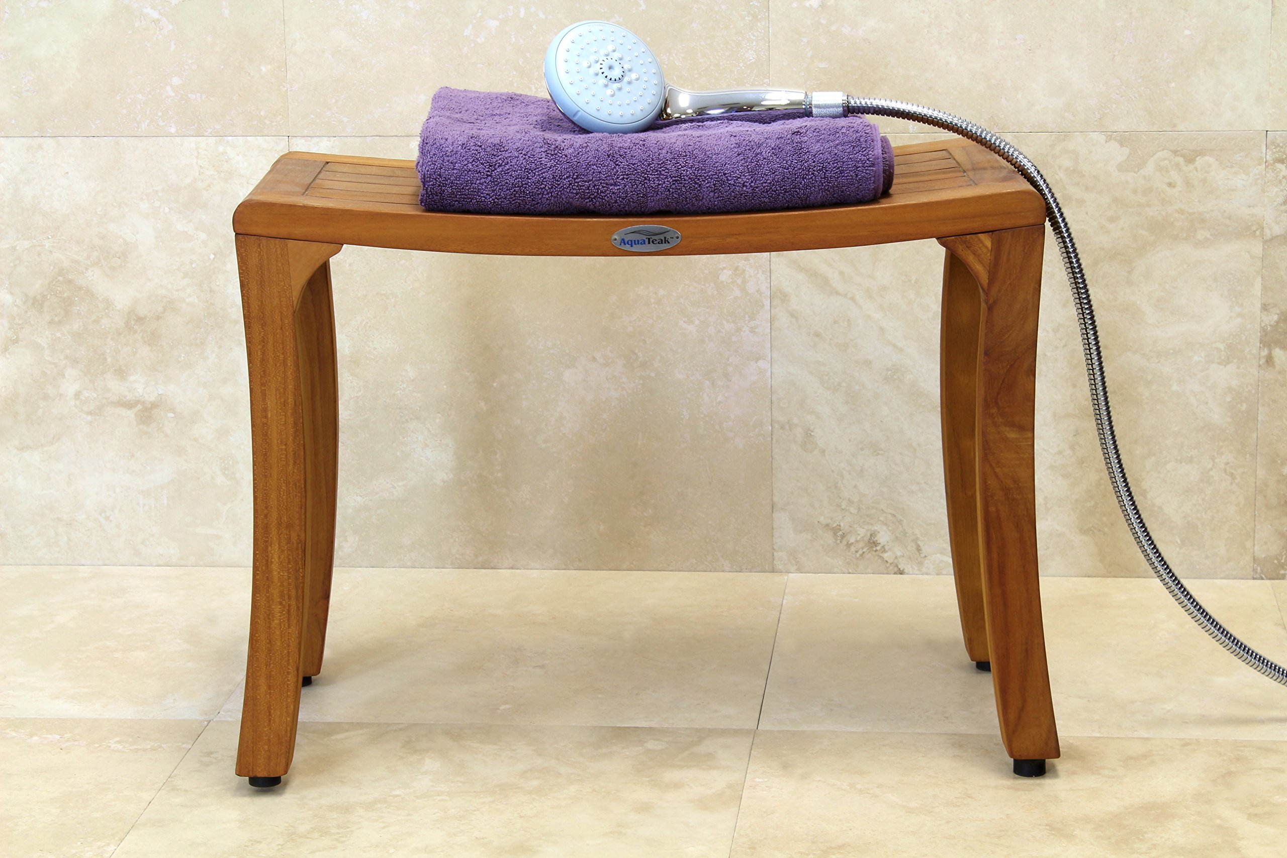 AquaTeak Asia Curve Teak Shower Bench 24 Inch - Premium Brown Teak Wood Bath Seat for Elderly & Disabled - Non-Slip Shower Stool for Bathroom Safety & Comfort - Perfect for Spa, Bathing, and Relaxation