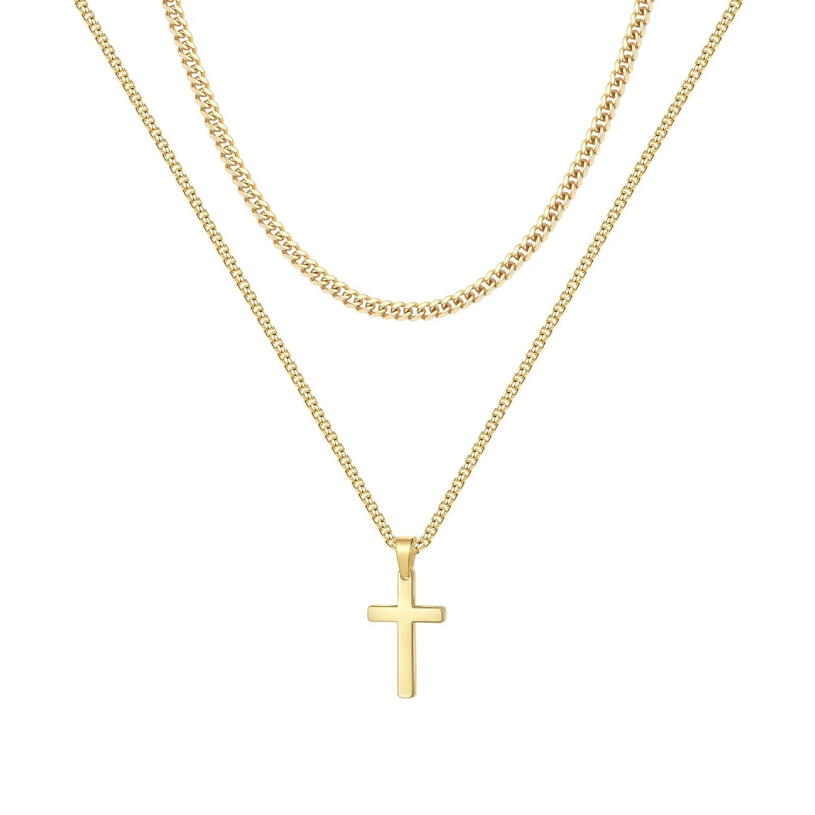 18K Gold & Silver Black Stainless Steel Layered Cross Pendant Necklace for Men & Women - Adjustable 16-24 Inch Box Chain - Perfect for Everyday Wear, Gifts & Religious Occasions