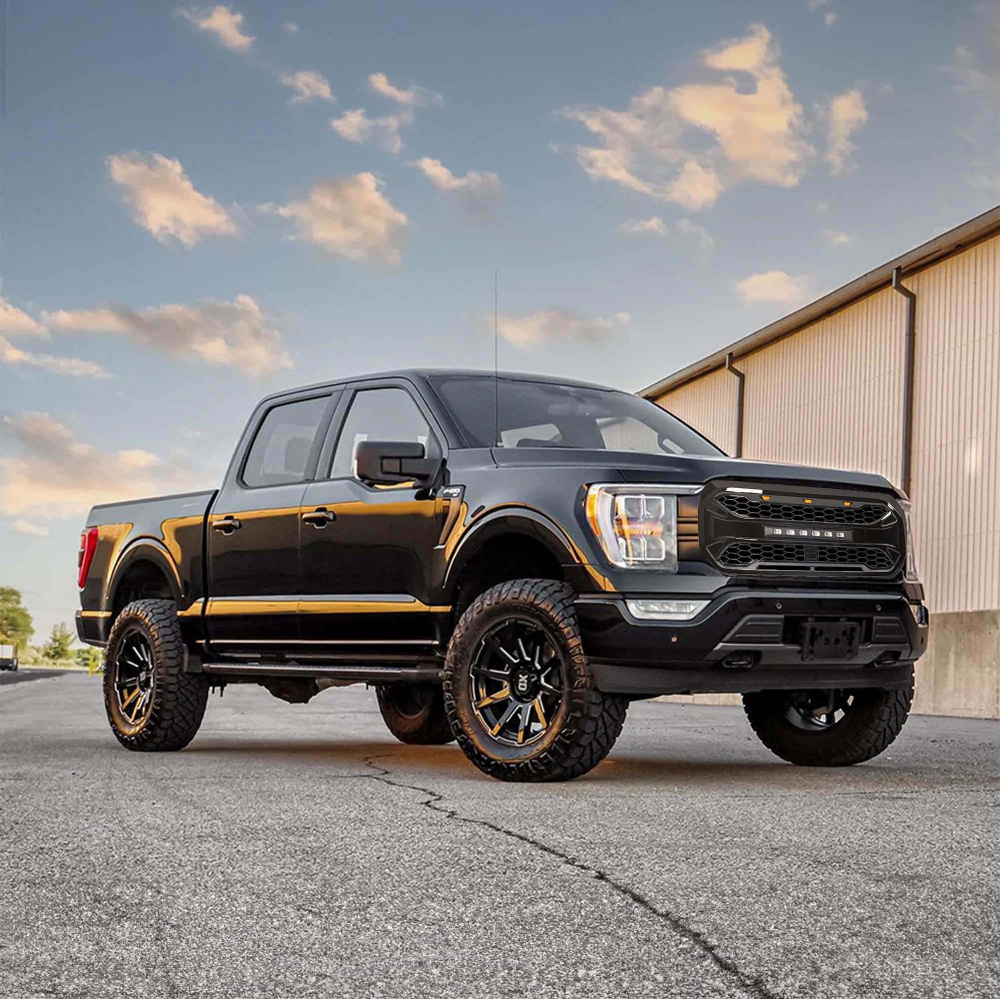 2021-2023 Ford F150 Aggressive Style Front Armor Grille with Off-Road LED Lights - Glossy Black | Heavy-Duty Protection & Enhanced Style for Off-Roading & Truck Customization