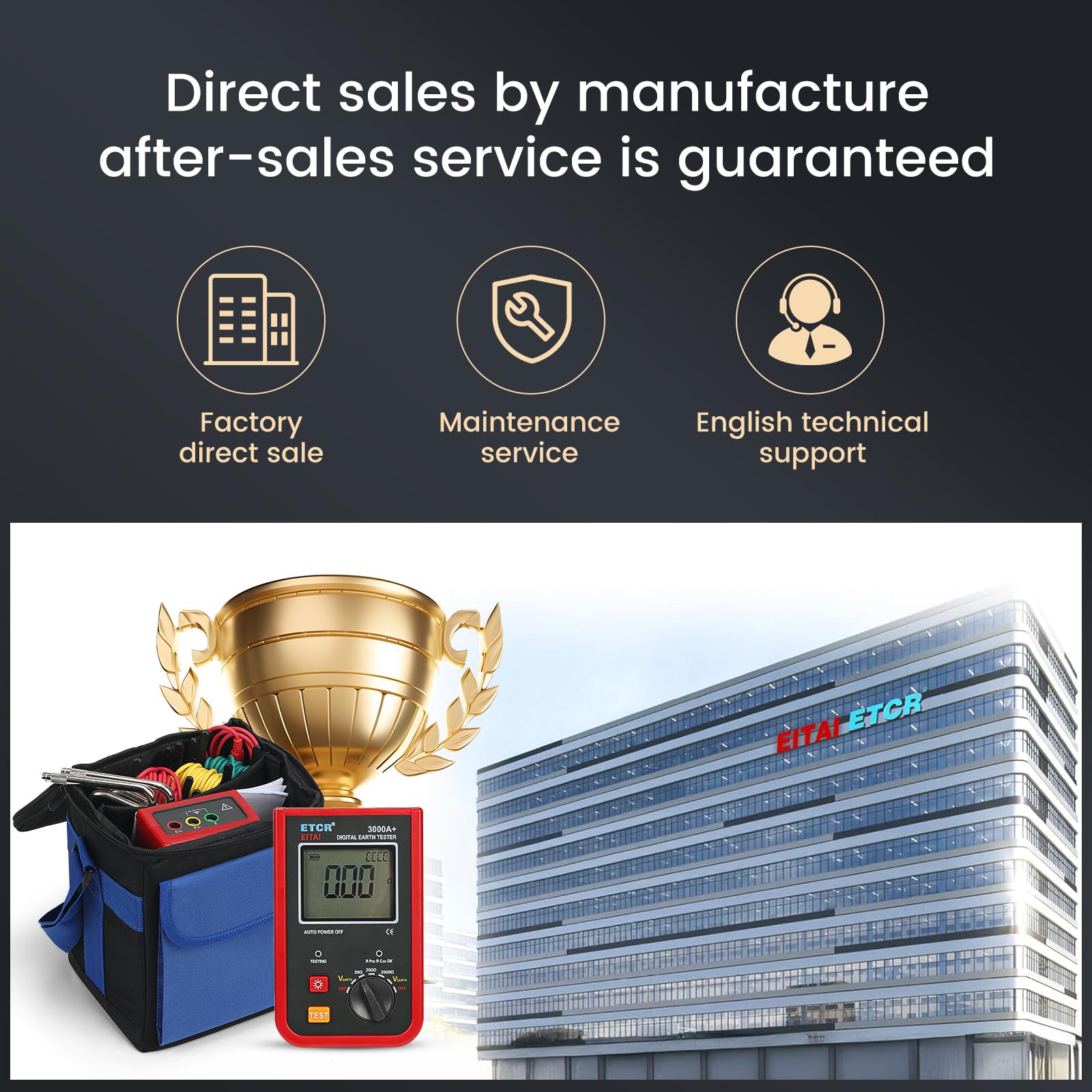 EITAI-ETCR3000A+ Digital Ground Resistance Tester 0-2kΩ, 0-200V - Professional Earth Ground Rod Resistance Meter for Electrical Safety Testing - Perfect for Electricians, Engineers & Industrial Maintenance
