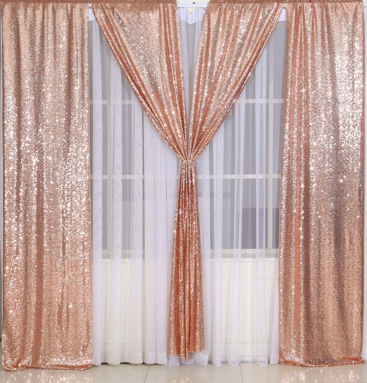 Juya Delight Rose Pink Sequin Photo Backdrop - 2ft x 8ft Glitter Curtain for Wedding, Birthday Party, Baby Shower Decorations - 2 Pack Sparkling Rose Gold Background for Photography & Event Decor