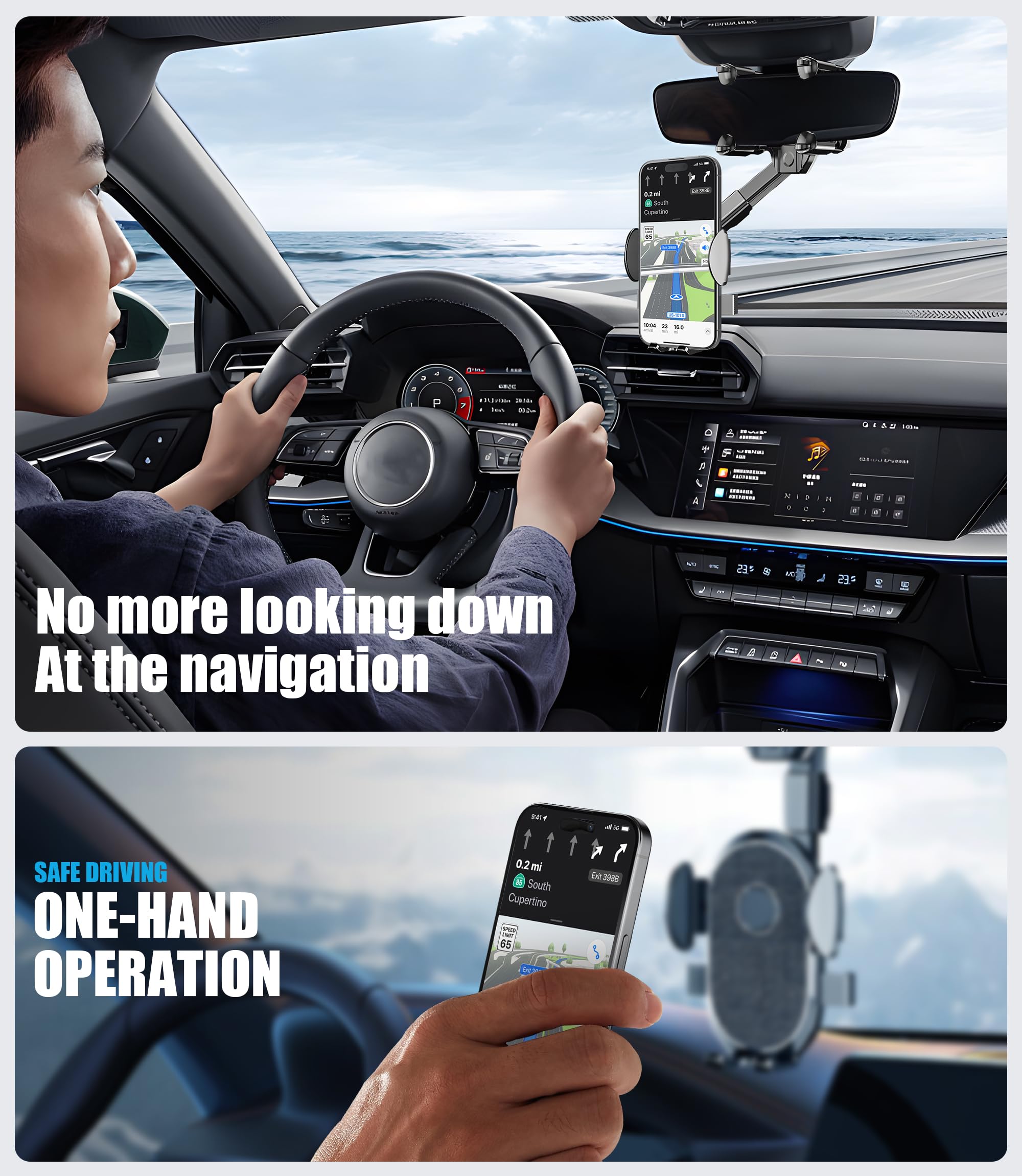 Seltureone [2024 Version] 360° Rotating Retractable Universal Car Phone Holder for Rear View Mirror - Flexible Multi-Functional Accessory for Safe Driving & Navigation