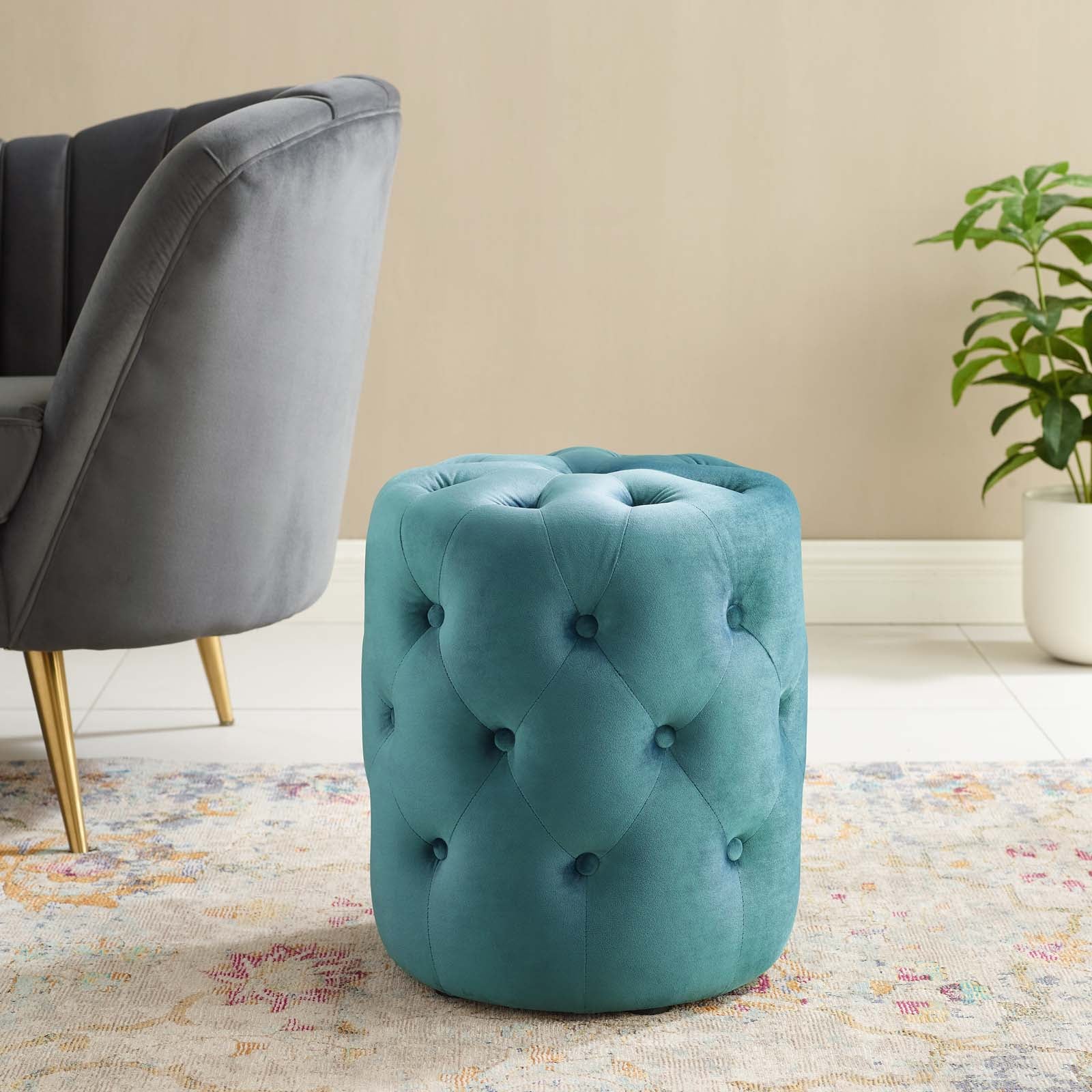 Amour Tufted Button Round Performance Velvet Ottoman Footrest Stool - Perfect for Living Room, Bedroom & Home Decor