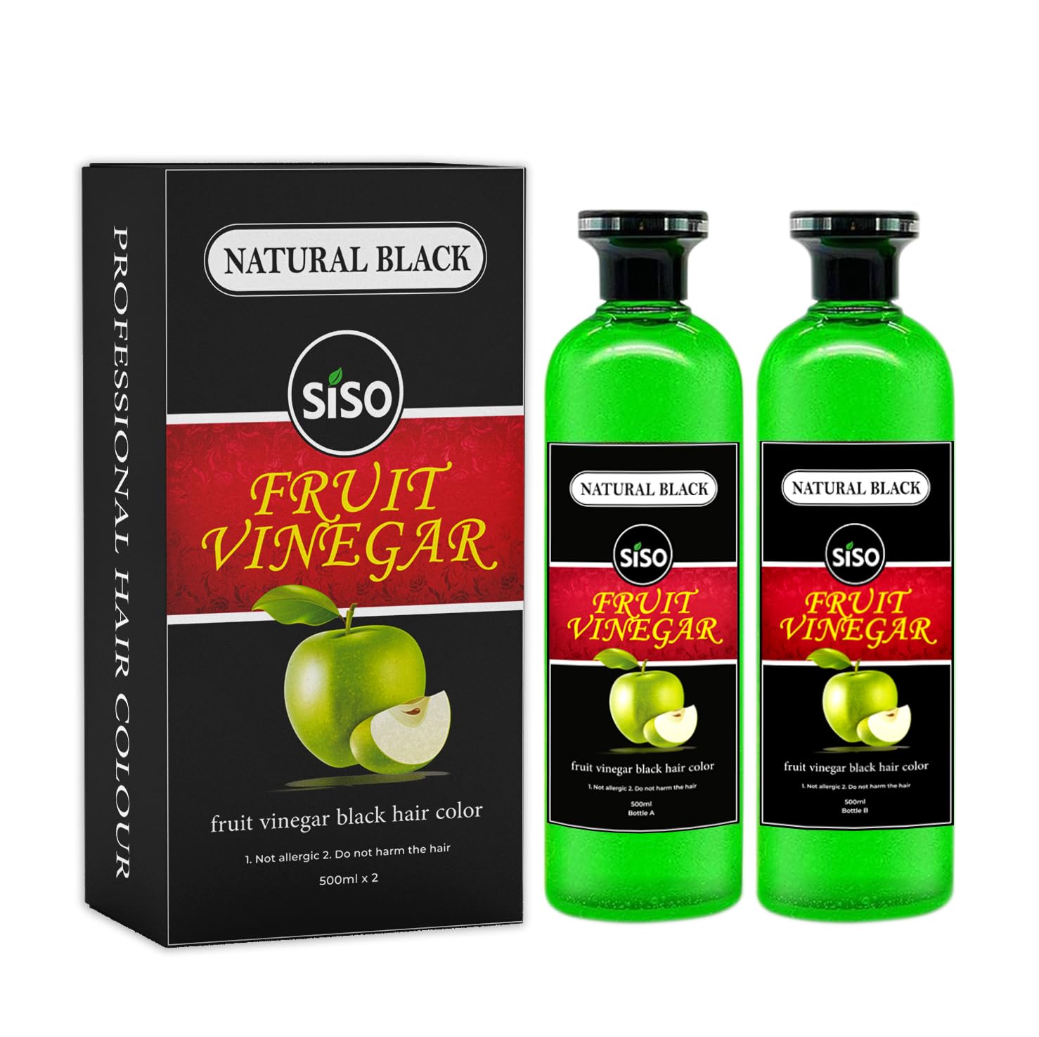 Natural Black Siso Fruit Vinegar Hair Dye - Ammonia Free, Chemical Free Hair Color for Women & Men (500ml x 2) | Made in India | Perfect for Gray Coverage & Natural Hair Care at Home