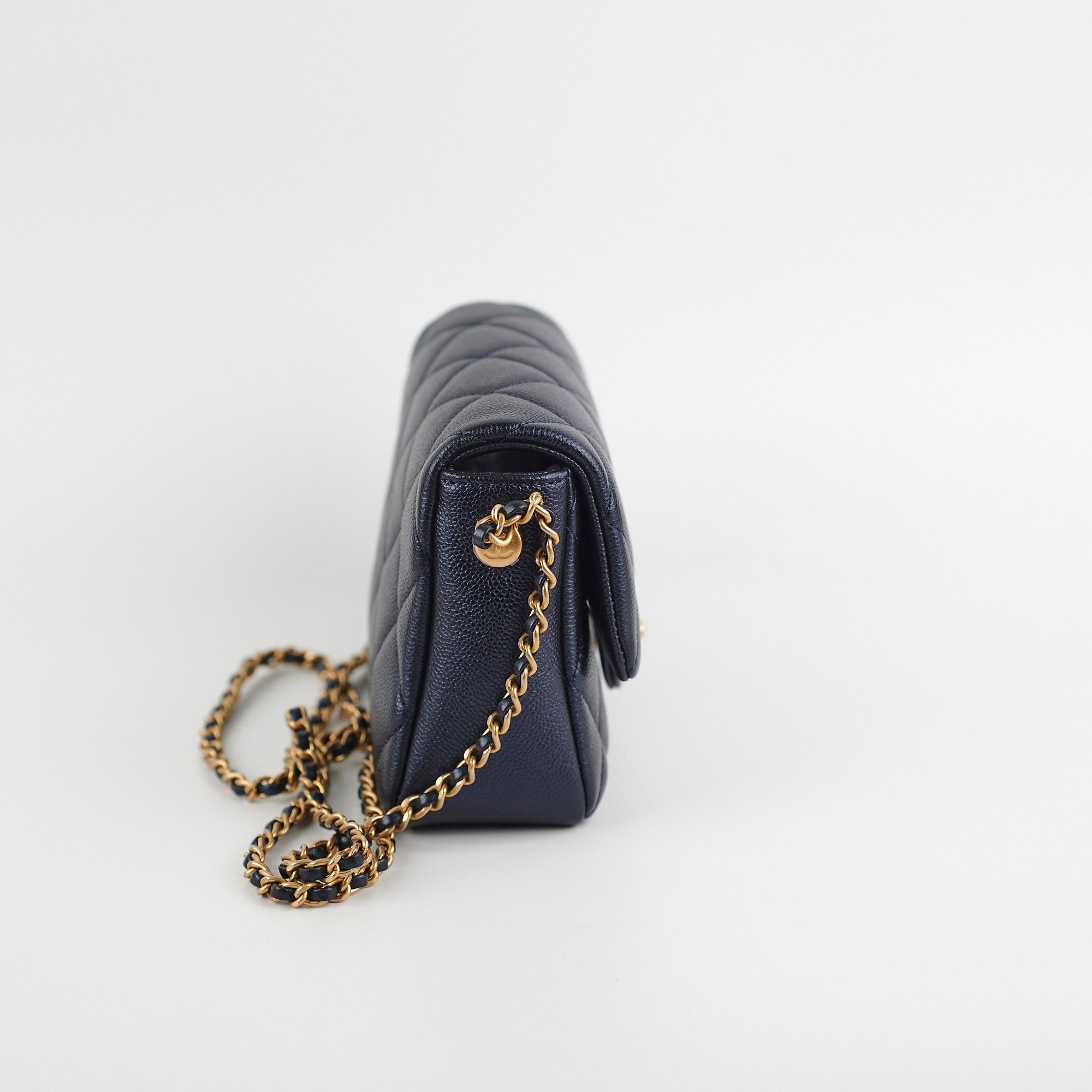 Chanel Perfect Mini Classic Flap Bag Iridescent Navy Blue Leather Crossbody Purse for Women | Luxury Evening Party & Date Night Accessory