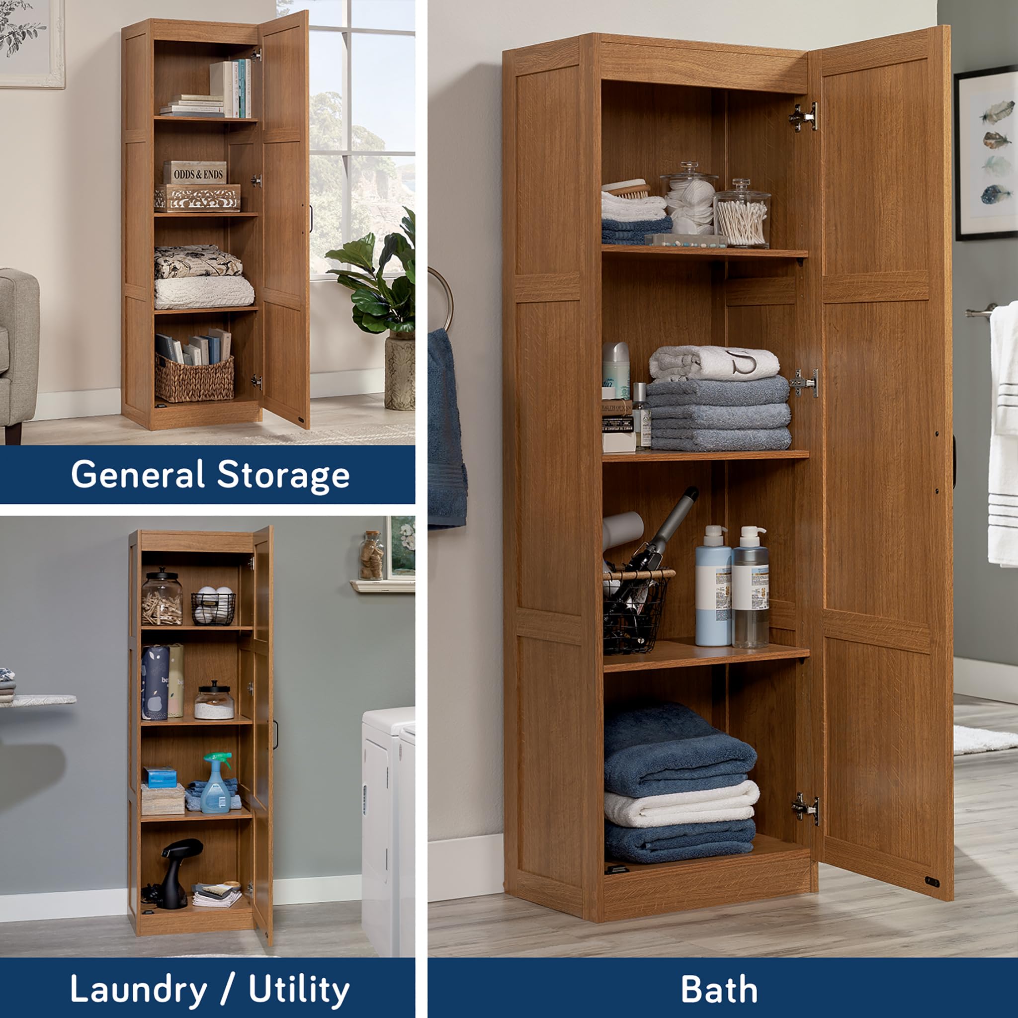 Sauder Storage Cabinet with Adjustable Shelves - Highland Oak Finish Pantry Organizer for Kitchen, Bathroom, or Office Use