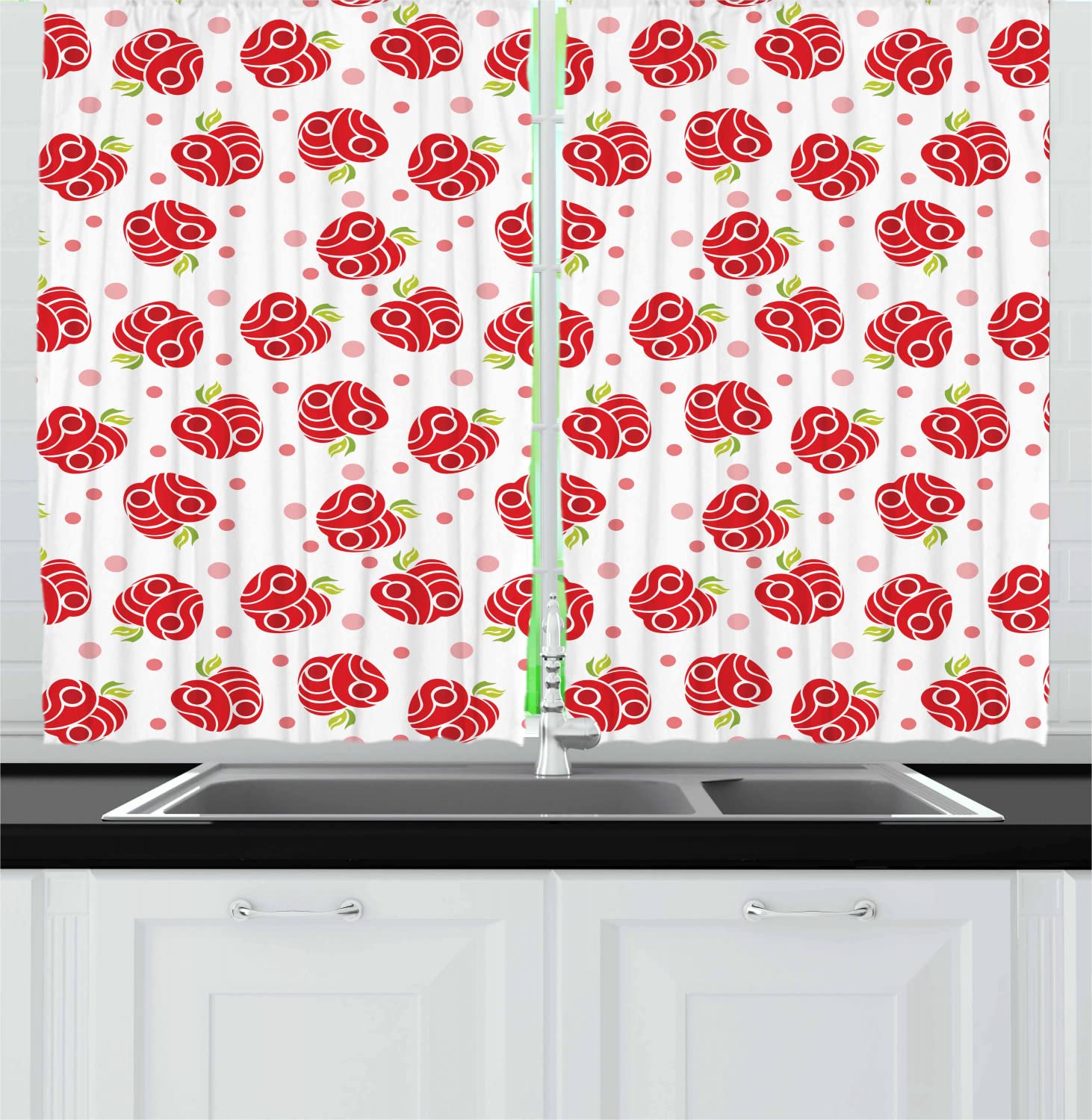 Ambesonne Apple Print Kitchen Curtains - Geometric Apple Shapes with Curves & Circles on Dotted Background, 2 Panel Rod Pocket Drapes for Windows, 55x45 Inches, Blush Red & Green - Perfect for Farmhouse, Cottage & Modern Kitchen Decor