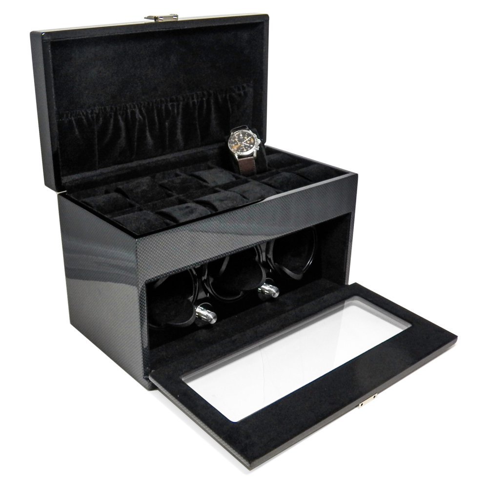 Bey-Berk BB681STL Carbon Fiber Watch Winder with 12 Watch Storage - 3 Winder Automatic Watch Box with Multiple Pre-Programmed Settings, Steel Gray - Perfect for Watch Collectors & Luxury Watch Storage at Home or Office