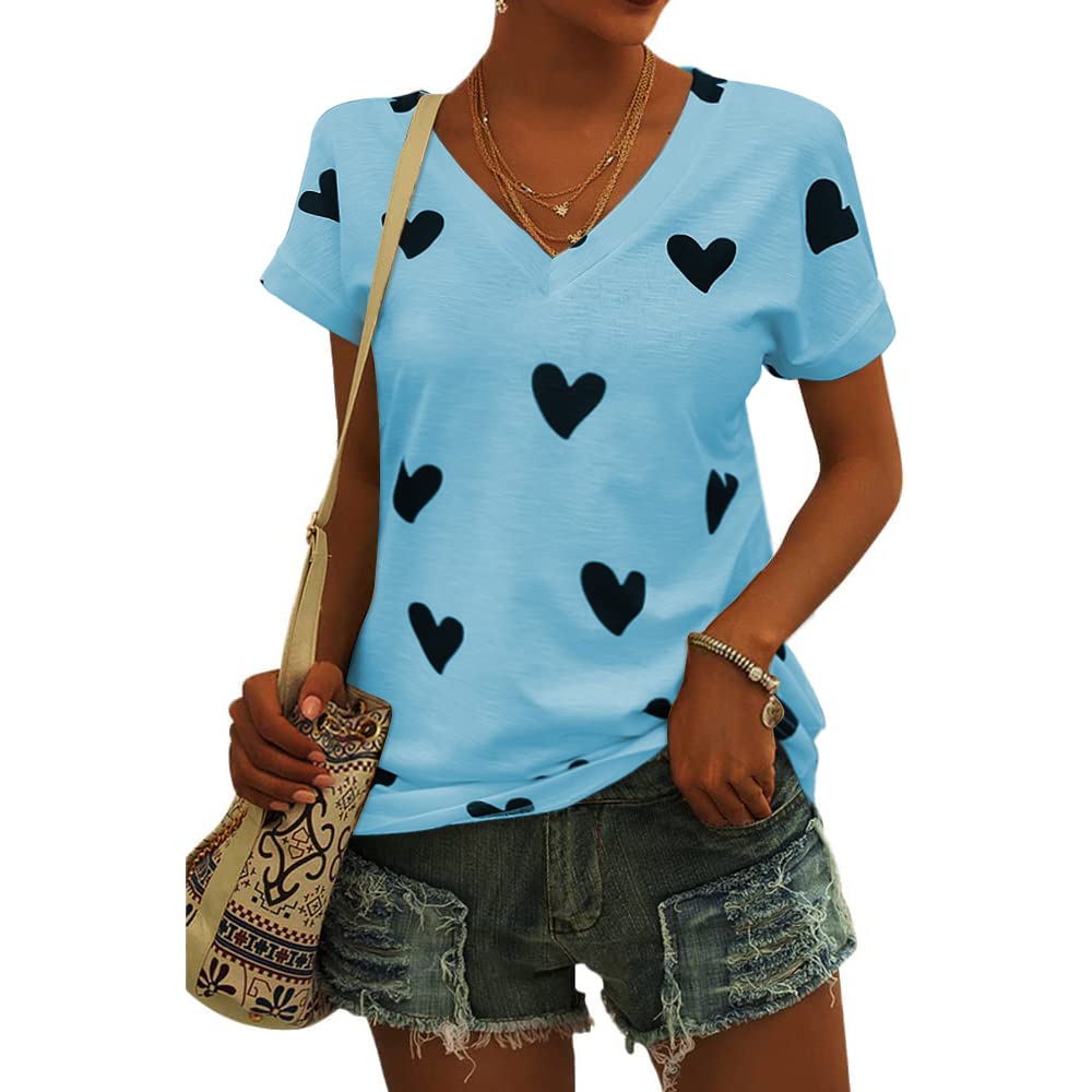 Women's Heart Print V-Neck T-Shirt - Casual Loose Fit Short Sleeve Soft Cotton Tee - Summer Fashion Top for Everyday Wear, Dating & Beach Outings