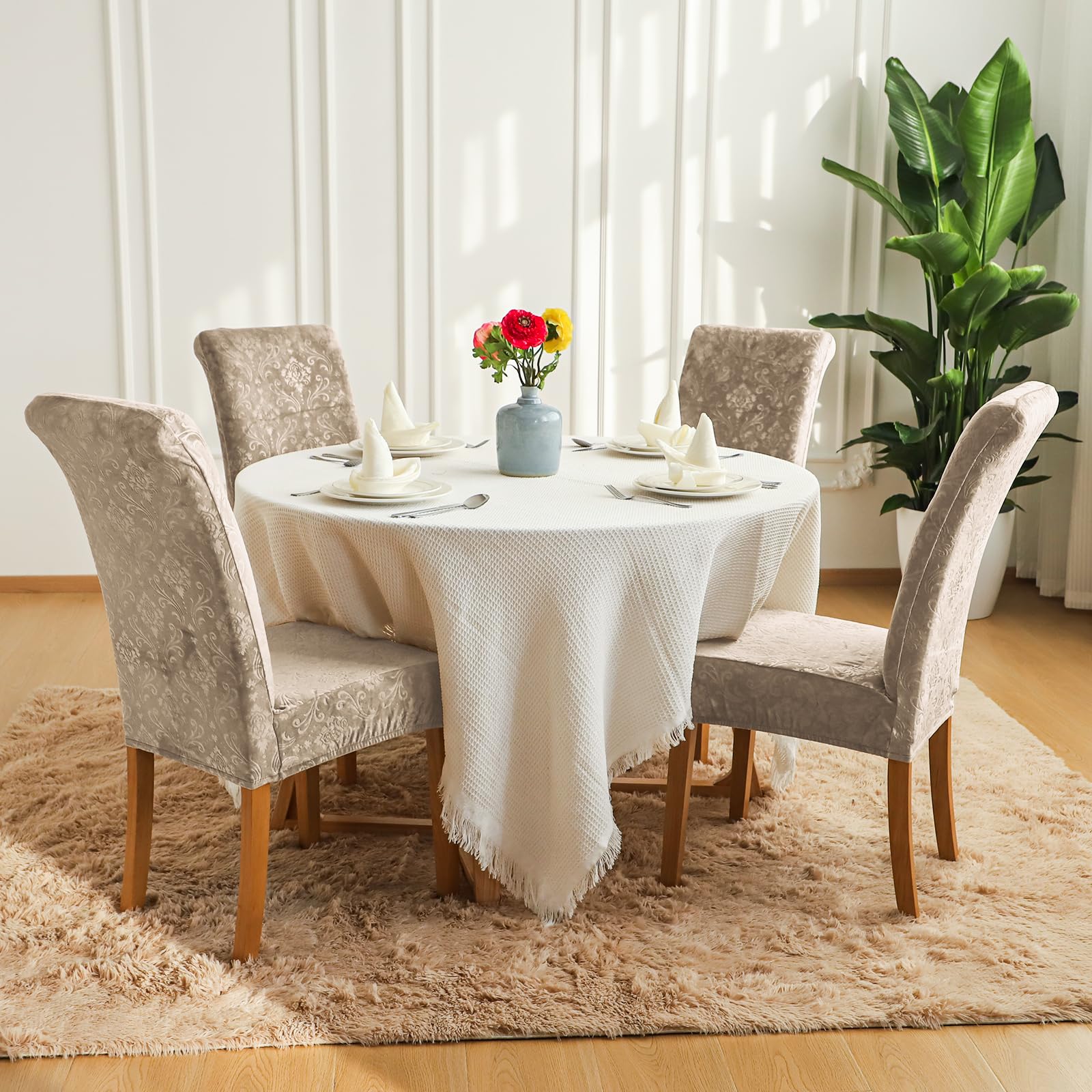 FORCHEER 4-Pack Velvet Beige Stretch Dining Chair Covers - Elegant Slipcovers for Parsons Chairs, Kitchen & Dining Room Furniture Protection - Perfect for Home, Party & Wedding Decor