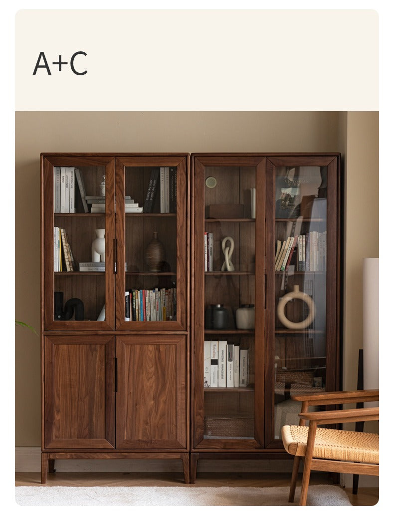 Premium Black Walnut & Ash Solid Wood Bookcase with Dust-Proof Glass Doors - Stylish Home Office & Living Room Storage Solution