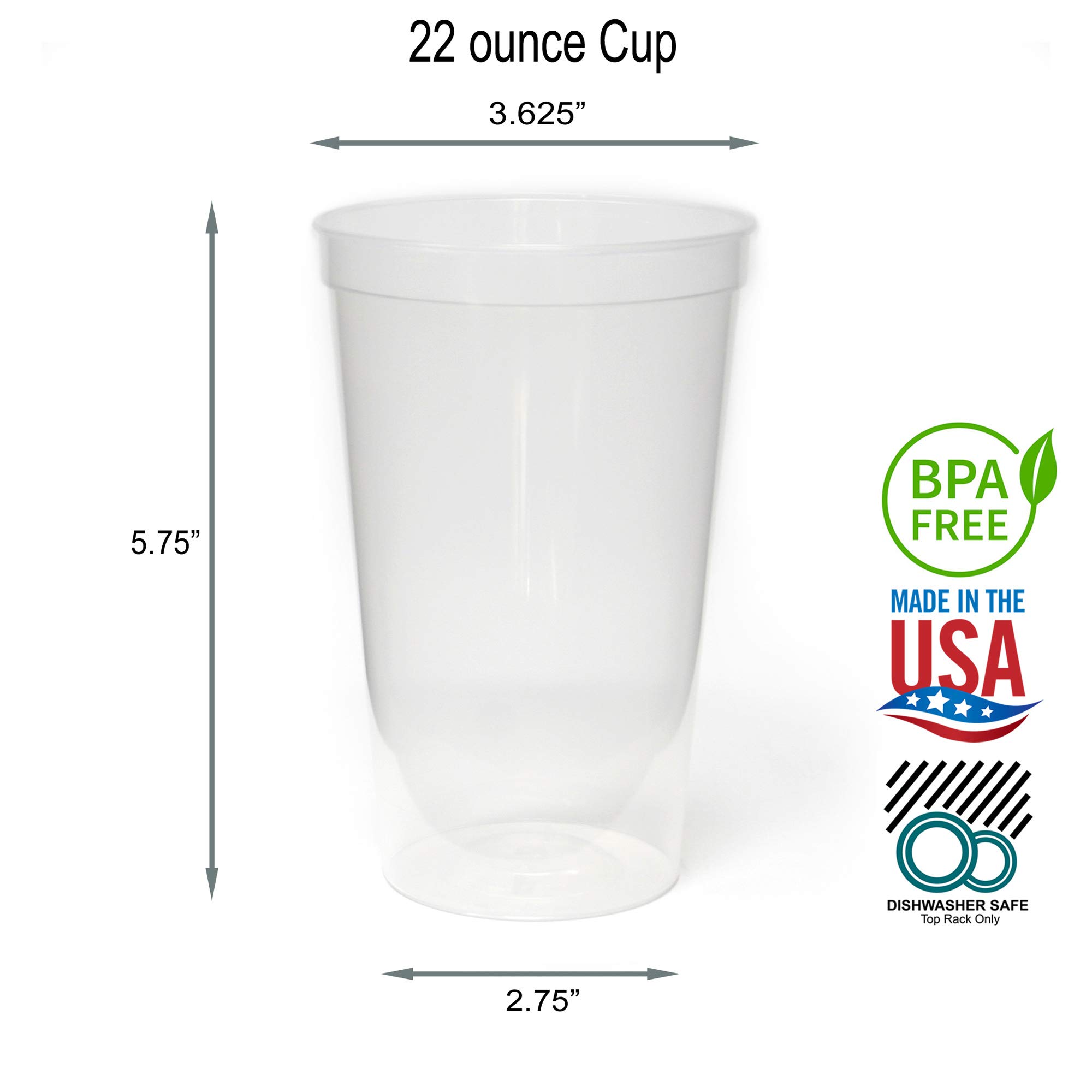 Rolling Sands 22oz Reusable Plastic Stadium Cups - 8 Pack Clear BPA-Free Dishwasher Safe Tumblers | Made in USA | Perfect for Parties, BBQs, Sports Events & Outdoor Gatherings